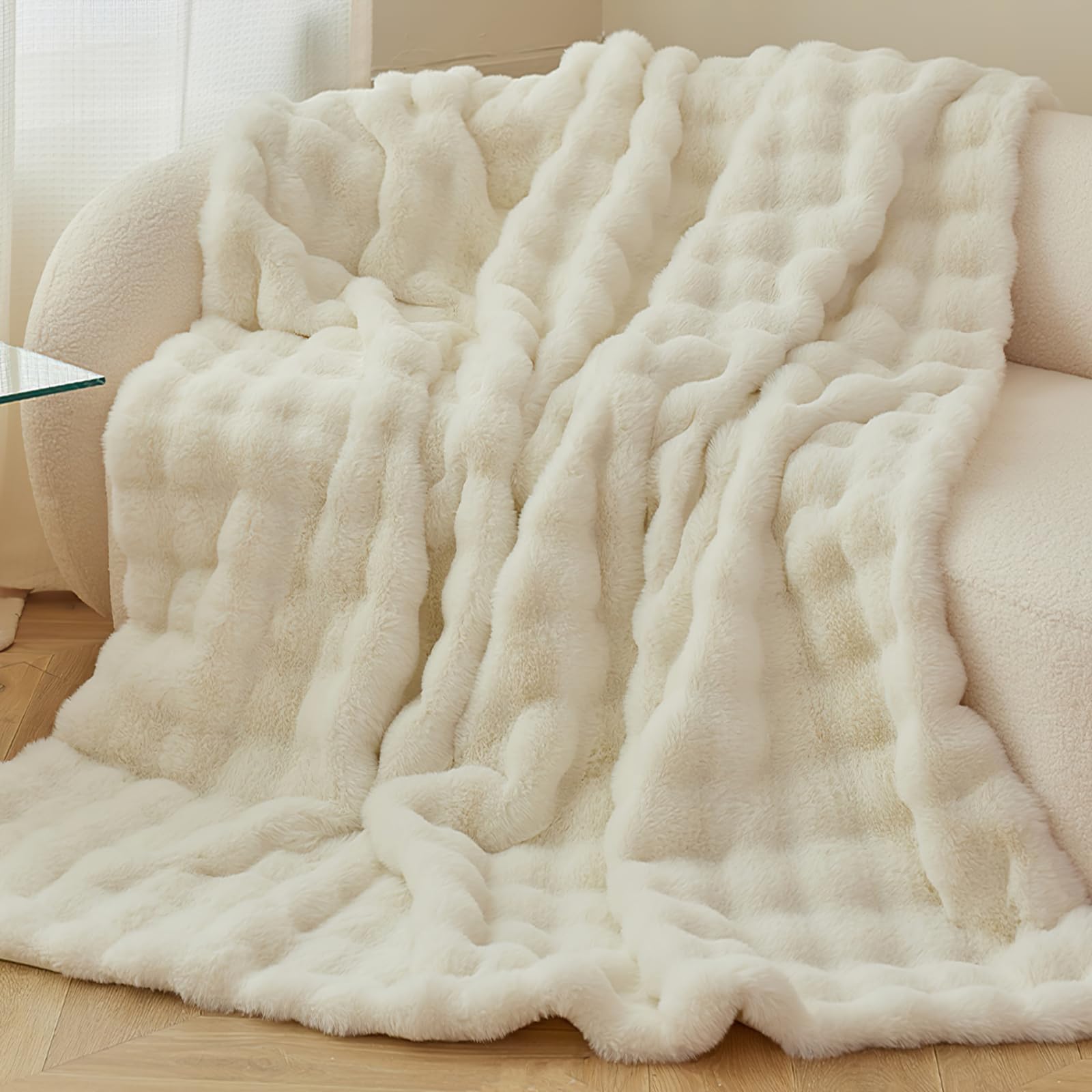 毛布 ブランケット ATOPEN 膝掛けふわとろ モコモコ毛布 とろとろケット 柔らかい 毛抜けない 掛け布団 抗菌防臭 洗える オールシーズン 冬用 厚手 静電気防止 ラビットファー調 180*200 アイボリー