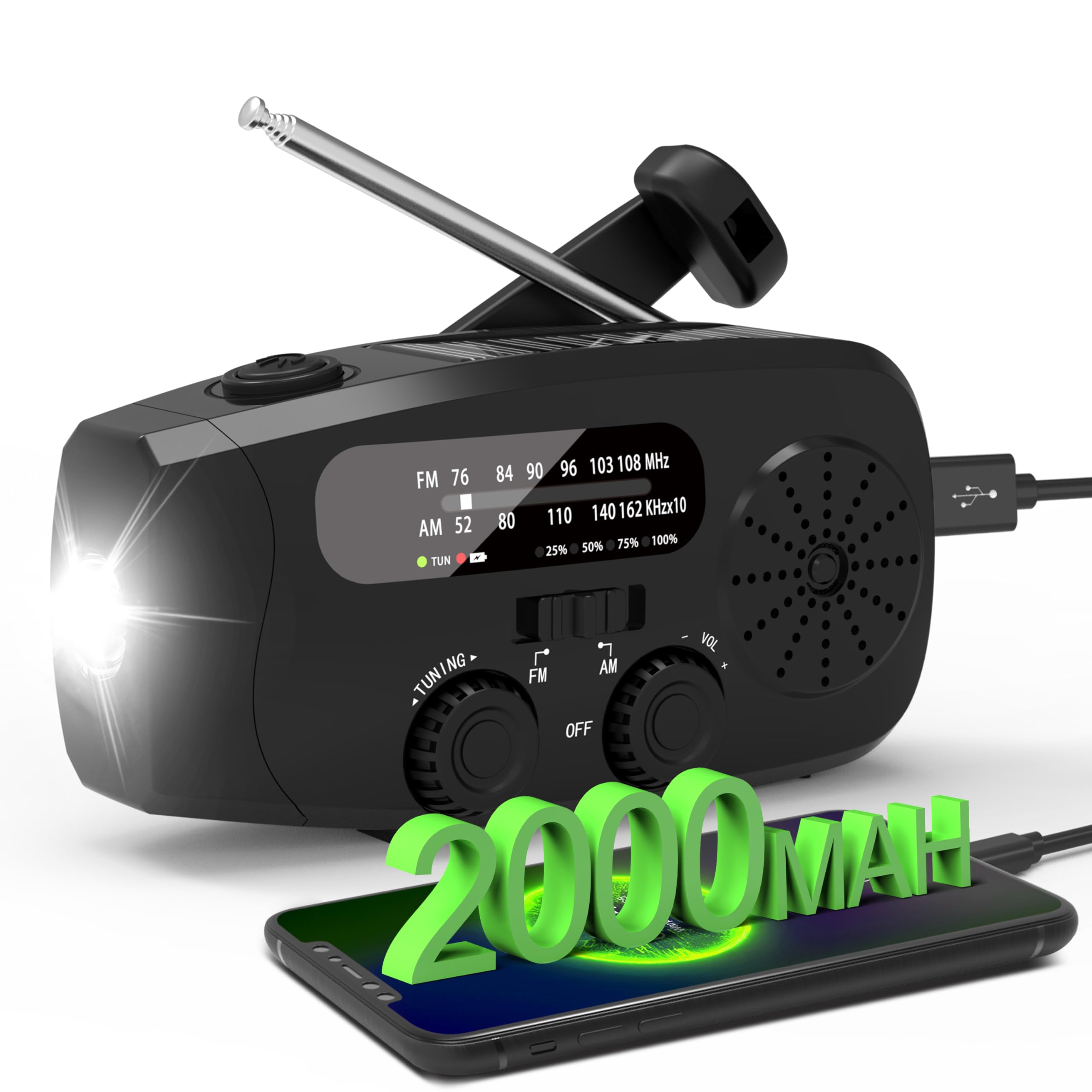 Greadio 防災ラジオAM/FM 小型 SOSアラート 携帯 懐中電灯 LEDライト 手回し/USB-TypeC/ソーラー 充電式バッテリー 2000mAh スマホに充電可能 非常用 モバイルバッテリー 高感度 ポケットラジオ 多機能 震災 津波 台風