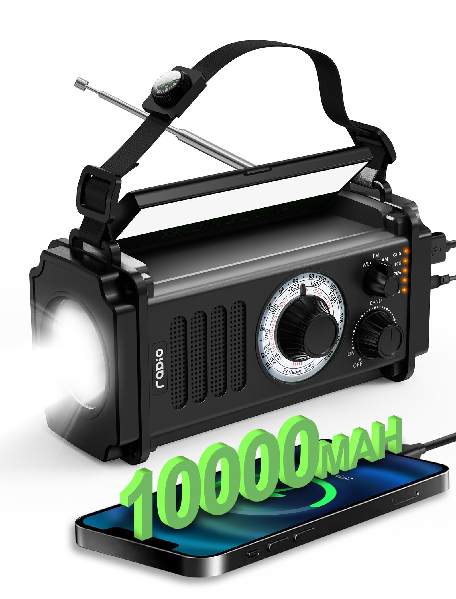 Greadio 防災ラジオ 小型 SOSアラート 携帯 懐中電灯 LEDライト 手回し/USB-TypeC/ソーラー 充電式バッテリー 2000mAh/7400mWh スマホに充電可能 モバイルバッテリー AM/FM 高感度 ポケットラジオ 多機能 震災