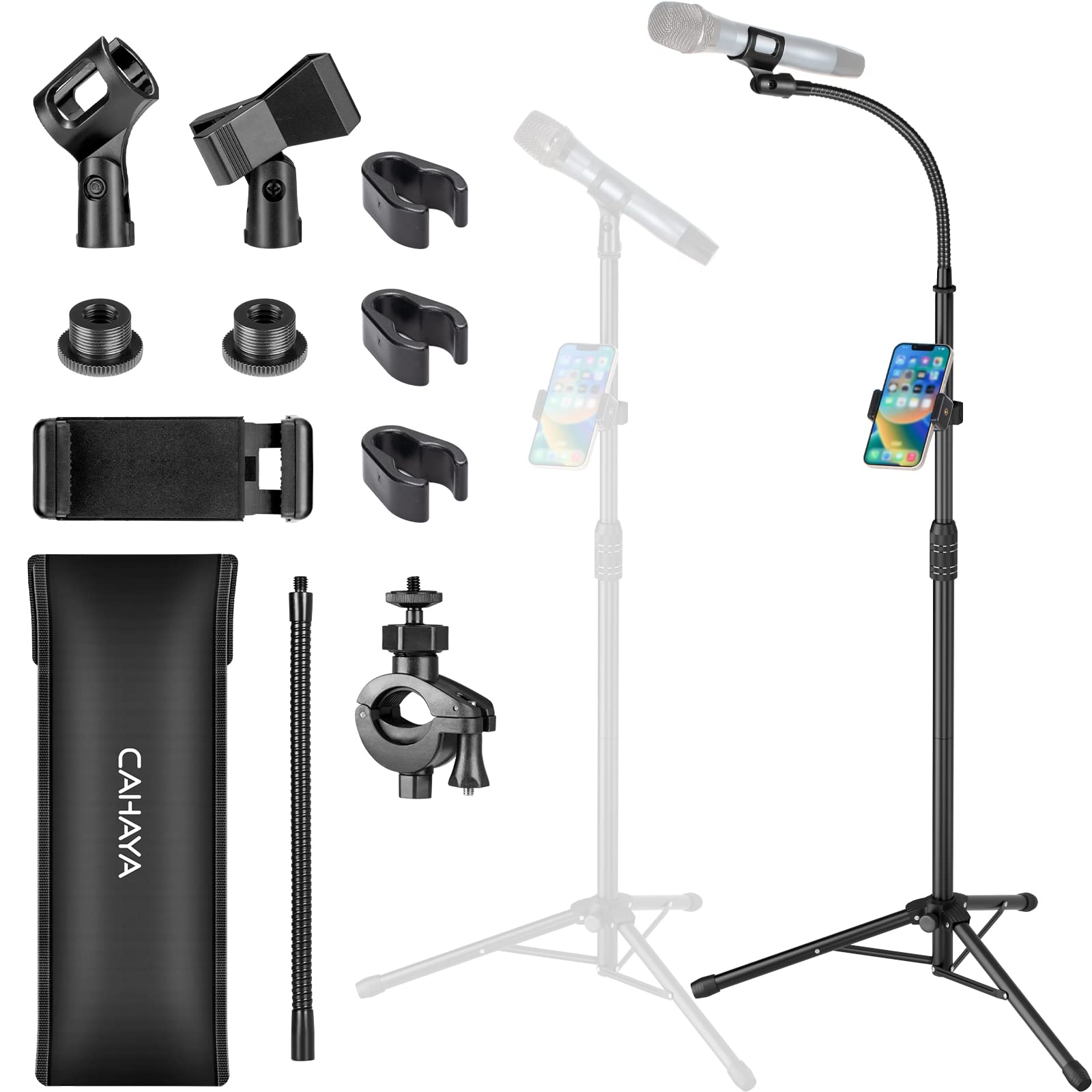 CAHAYA 【最新2Way仕様 携帯電話ホルダー付き】グースネック マイクスタンド ストレート 83-187cm高さ調整可能 1×グースネックアーム付き 1×携帯電話ホルダー付き 2×マイククリップ付き 3×ケーブルカバー付き 1×収納バッグ付き 日本語