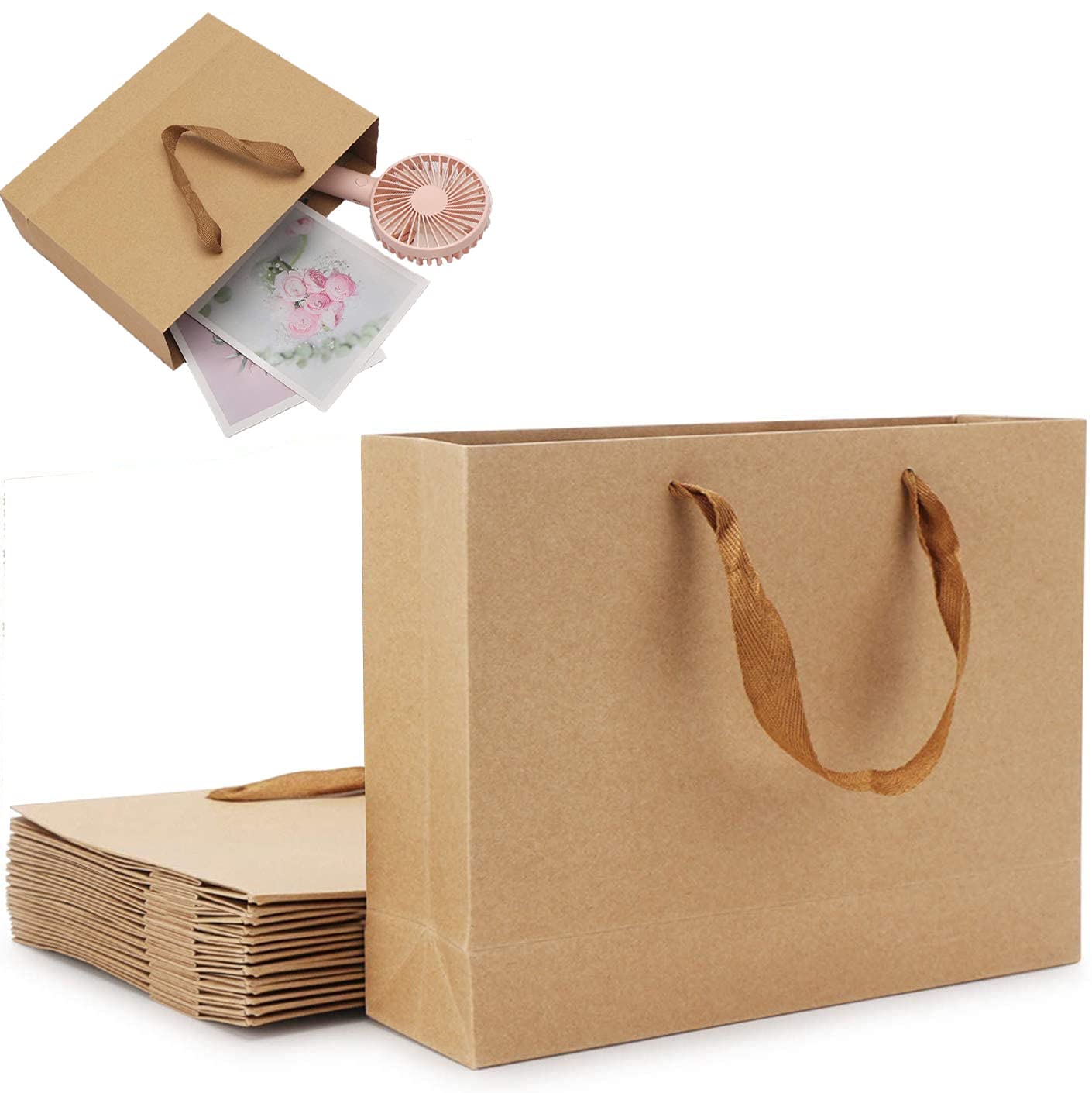 Ousaliyea 横型紙袋、厚手の無地ギフトバッグ15点セット22×10×18CM、ギフトボックスギフト包装トートバッグあらゆる種類のホリデーギフト包装に適しています（小、茶色）