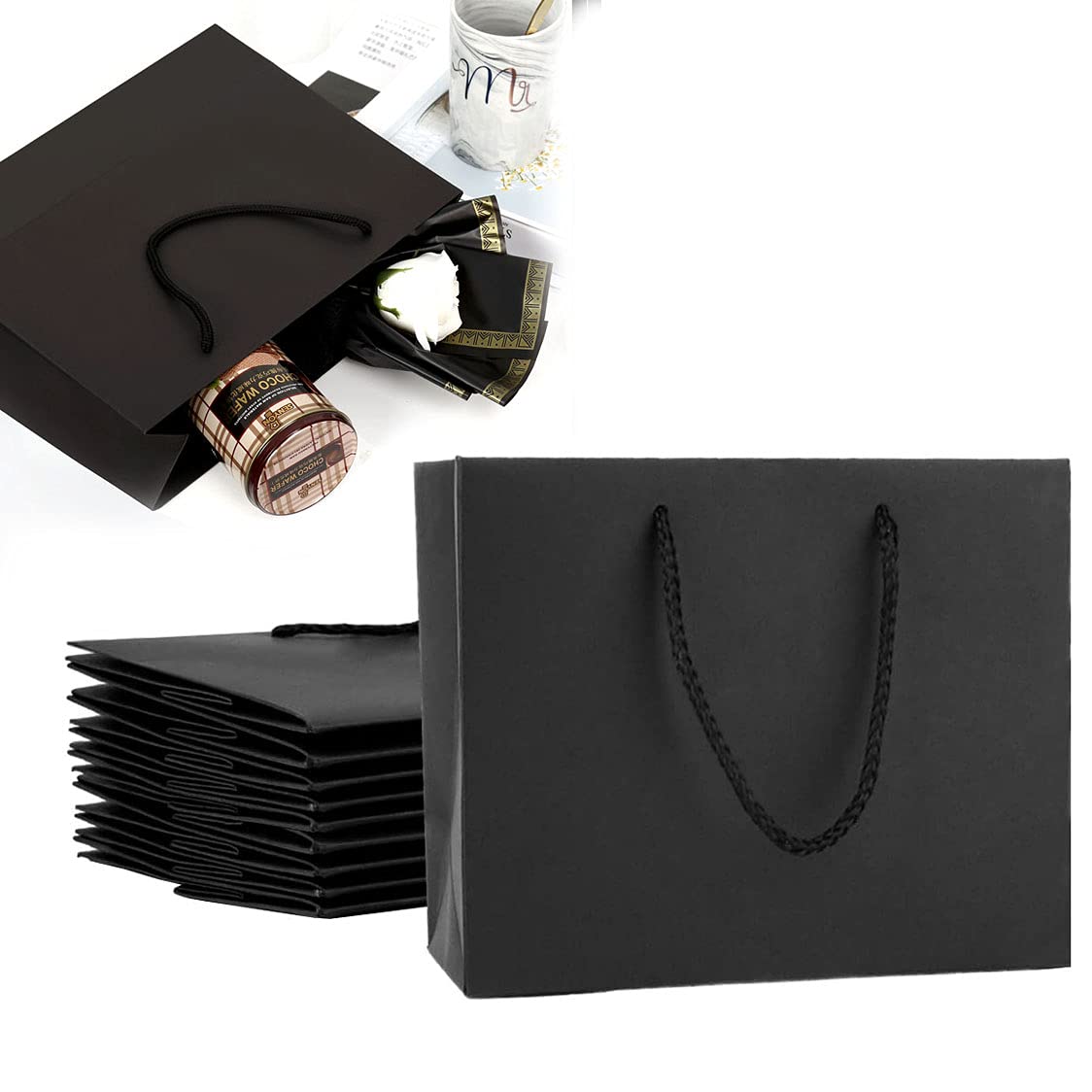 Rakuten - Ousaliyea ギフトバッグ、無地黒15点セット32×11.5×28cm、クリスマスギフト包装トートバッグ（大）