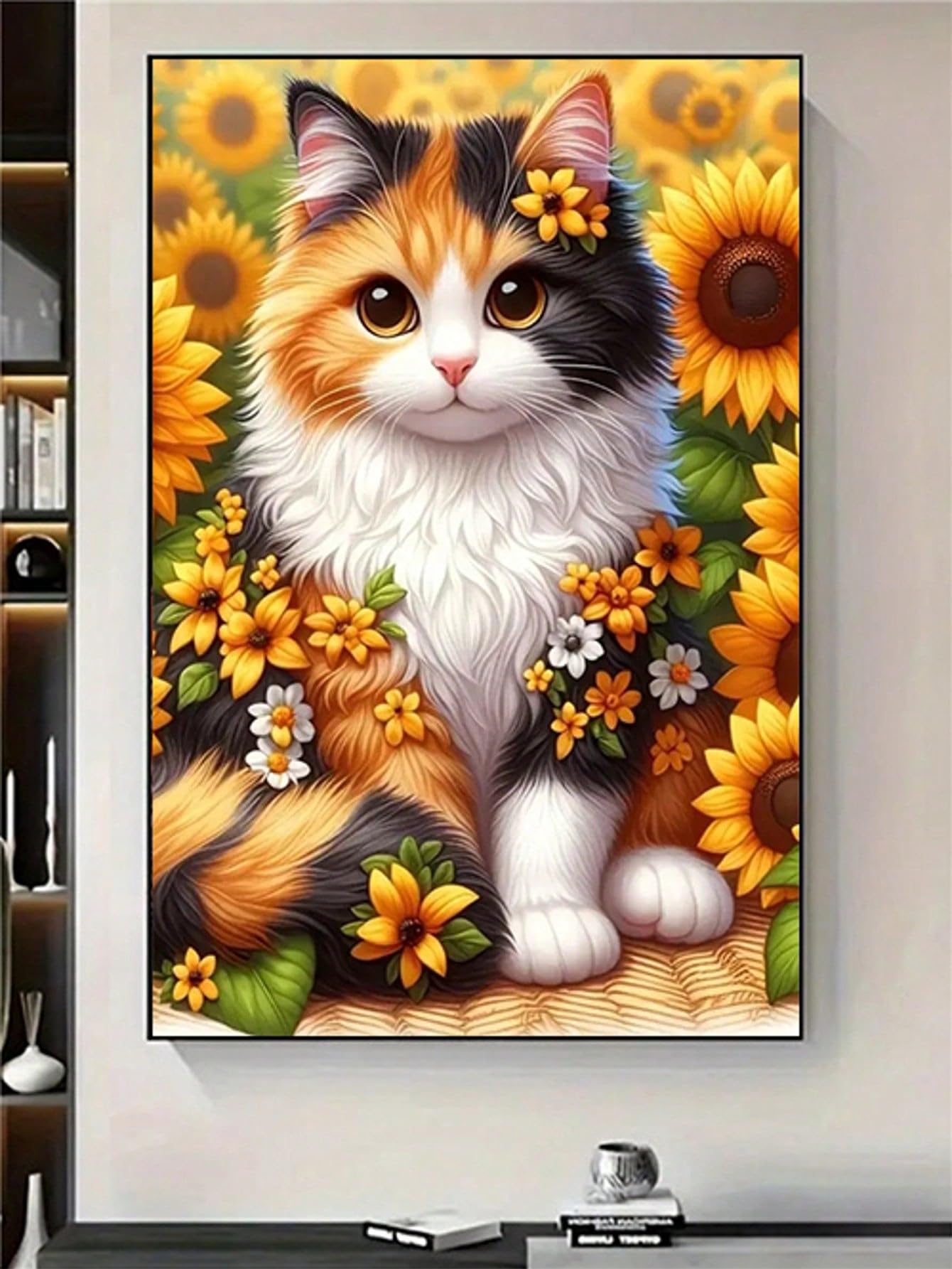 LEADINTOP ダイヤモンドアート ひまわりと猫 30X40cm 丸いビーズ ダイヤモンドペインティング キット モザイクアート 人気 ビーズアート かわいい DIY 手作り 手芸プレゼント 装飾