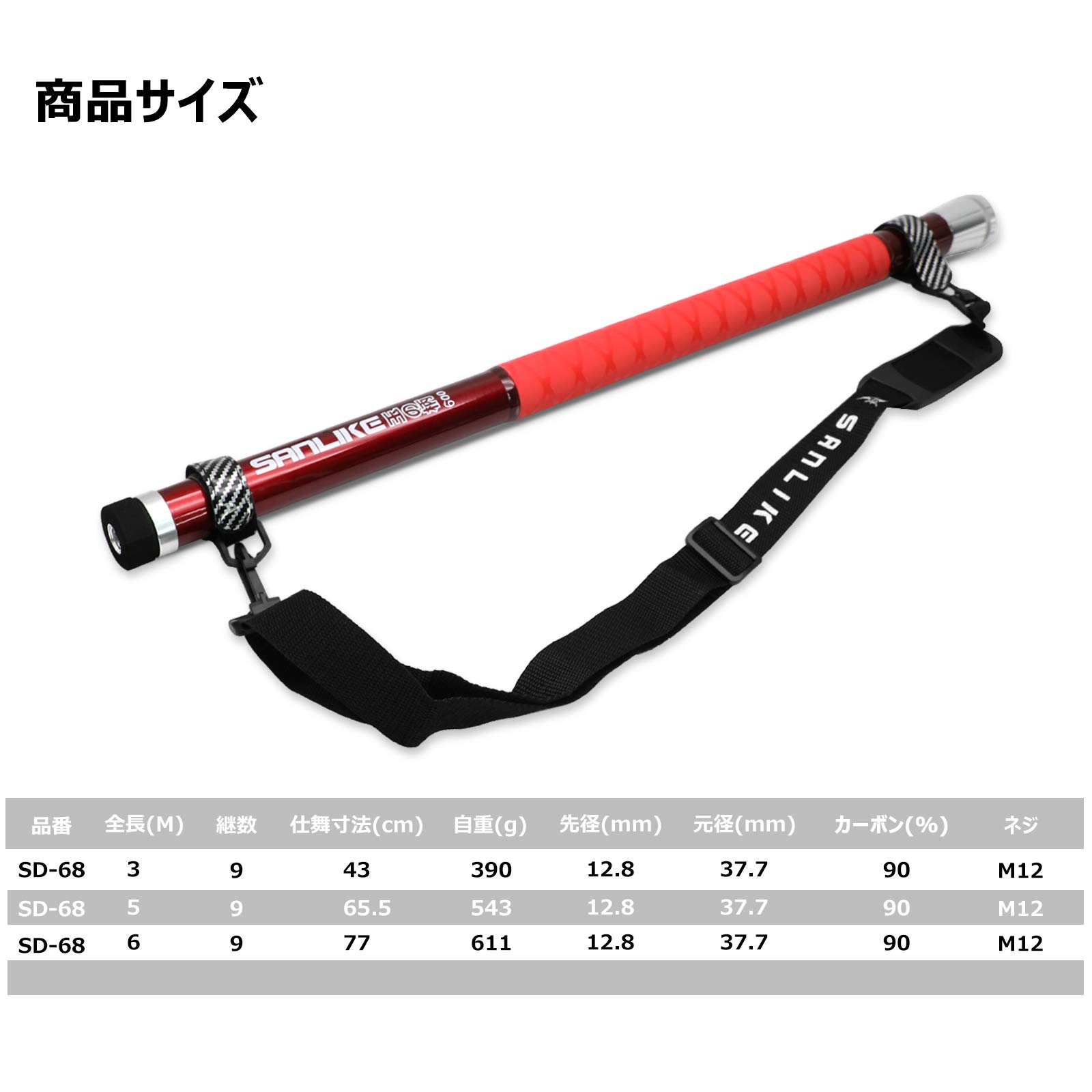 サンライク(SANLIKE) タモ網 たも網 たもあみ 伸縮 5m カーボン製 ランディングネット 玉網 9段階 オーバル型 40cm網の深さ 釣りネット 500/5m レッド 3
