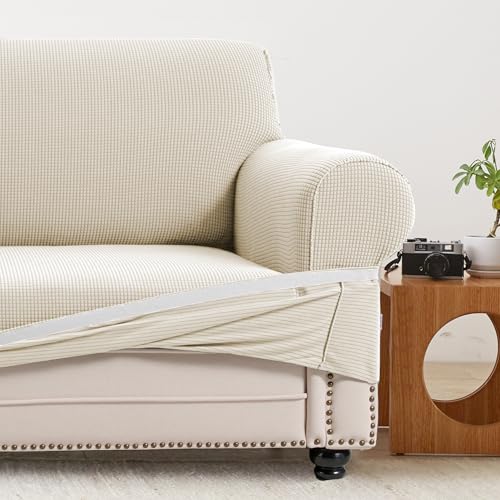 ATOPEN ソファーカバー 2人掛け 肘付き 北欧風 無地 マルチカバー フィットタイプ 伸縮素材 滑り止め 伸び良く 柔らかい 通気性 耐久性 サラッと軽い触り心地 犬猫傷防止 オールシーズン対応 インテリア 新生活 アイボリー ワッフル柄