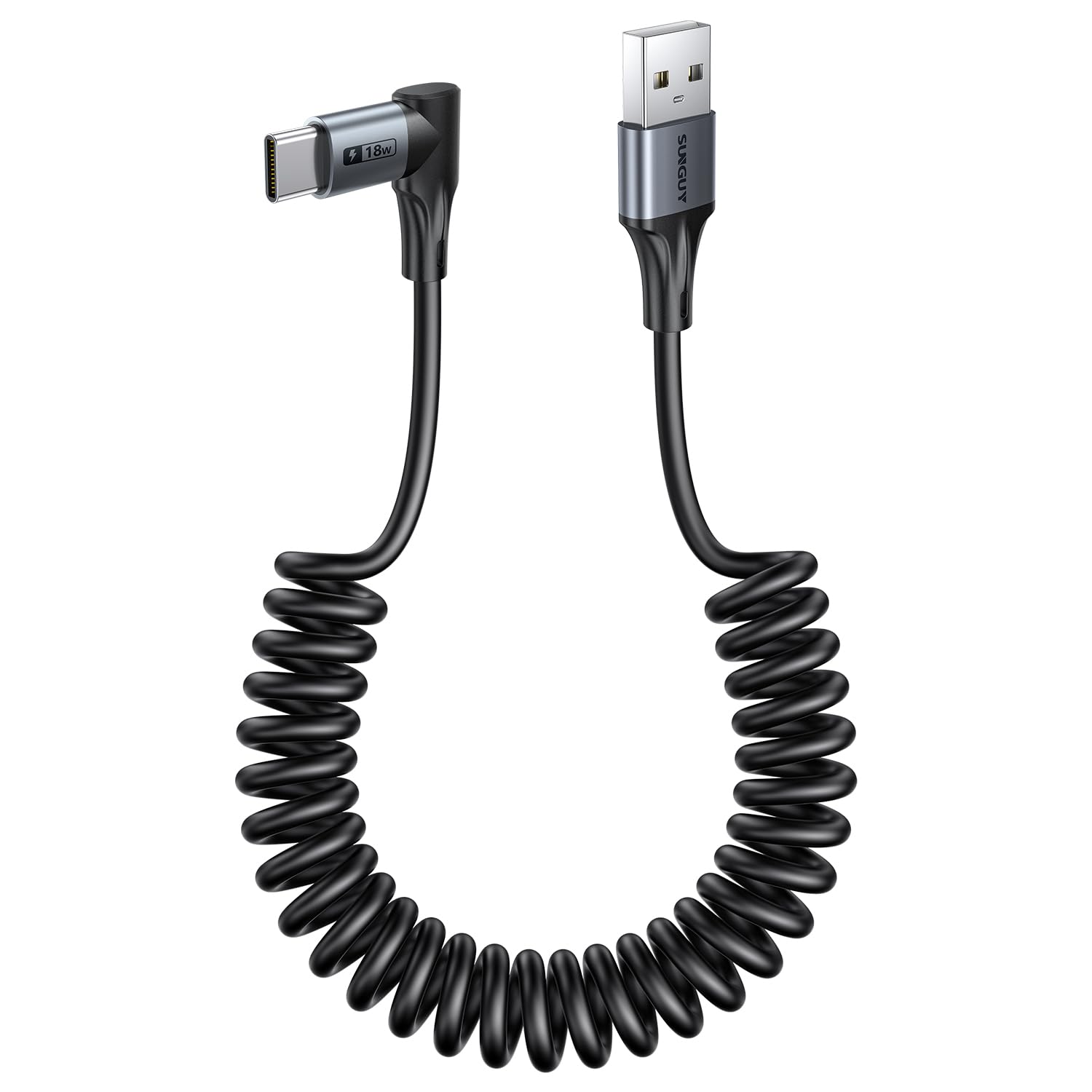 Rakuten - SUNGUY 直角コイル式 USB C ケーブル, 90度 USB-A - USB-C ケーブル Android Auto Carplay、iPhone 17 16 15 Pro Max、Galaxy S25 S24 Ultra 用タイプ C コード -