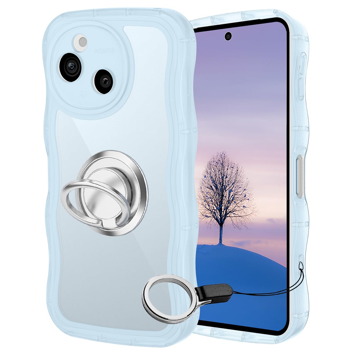 Rakuten - AQUOS sense10 sense9 ケース ブルー ウェーブ リング付き SH-53F SH-M33 SH-53E SHG14 SH-M29 TPU波状のバンパー 透明 スマホケース かわいい うねうね アクオス センス9 10 ウェーブ デザイン