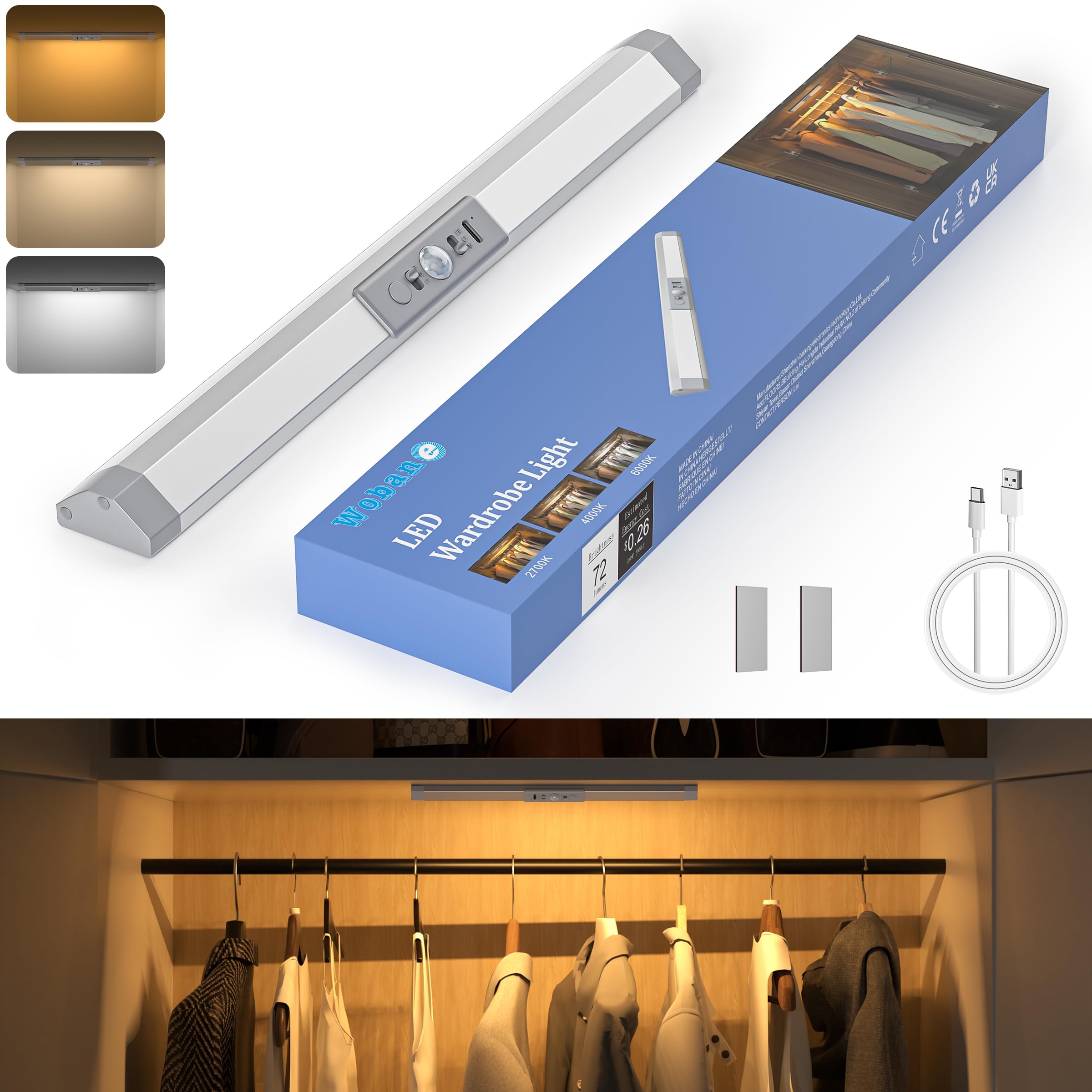 Wobane 人感センサーライト 室内 TypeC充電式 調光調色 メモリ機能 30cm クロゼットライト 目に優しい センサー照明 マグネット 配線工事不要 ...