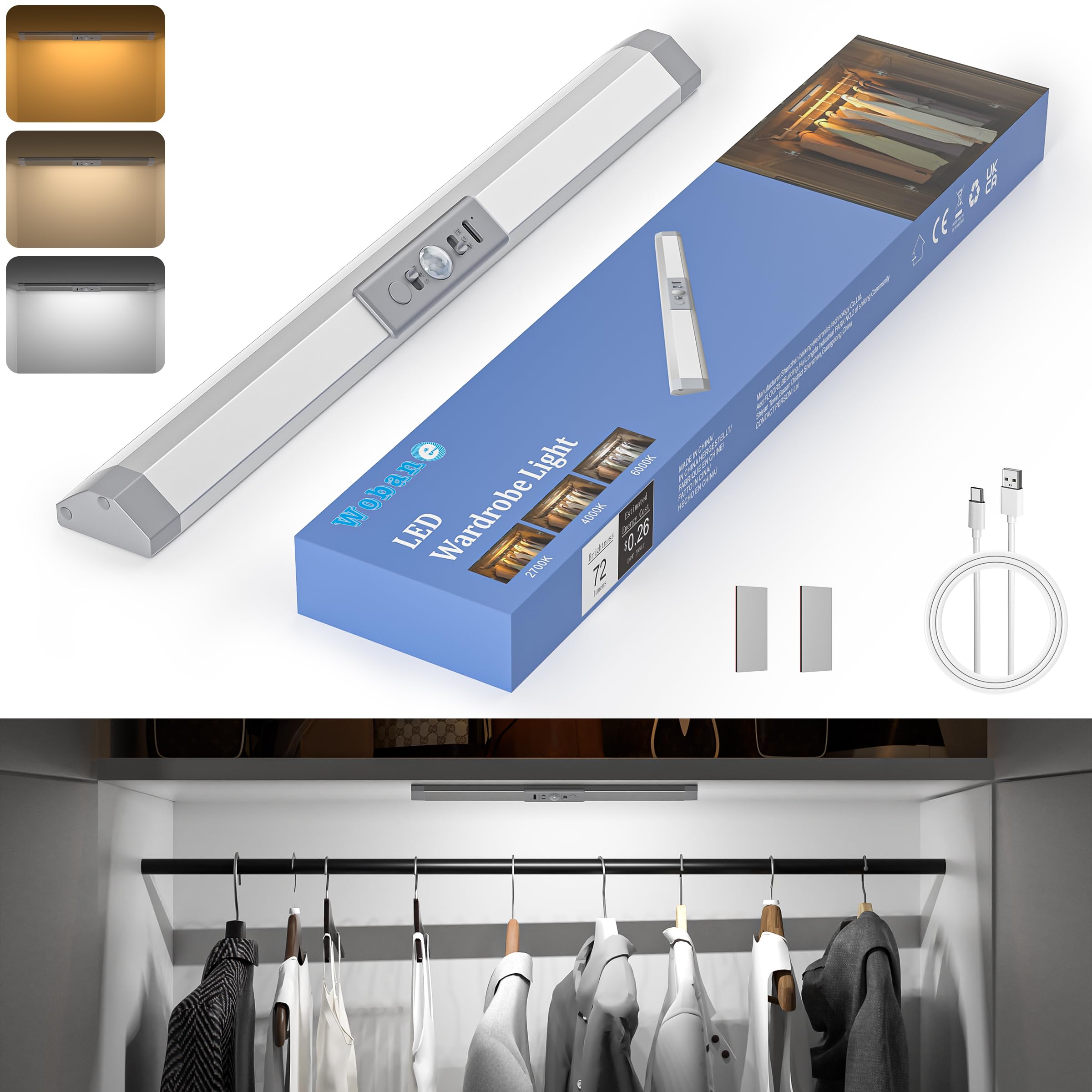 Wobane 人感センサーライト 室内 TypeC充電式 調光調色 メモリ機能 33cm クロゼットライト 目に優しい センサー照明 マグネット 配線工事不要 ...