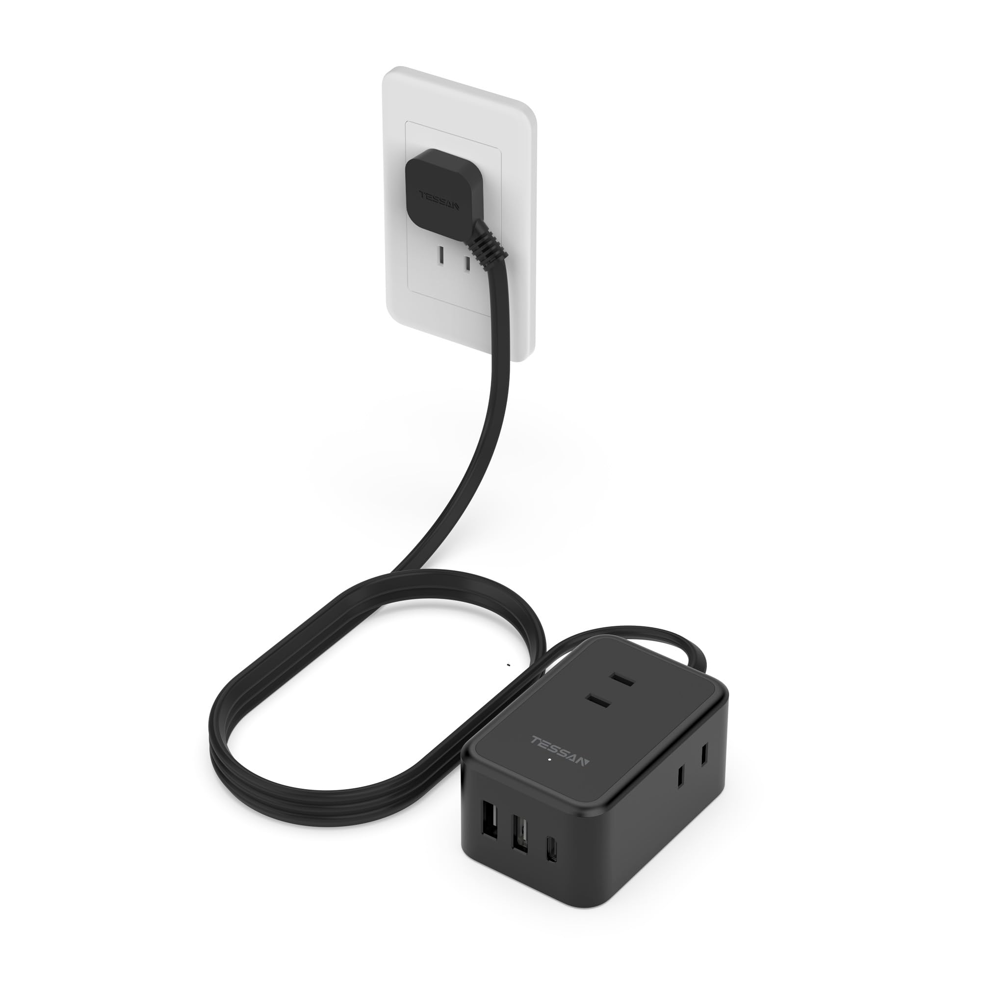 樂天商城 - 延長コード 2m 黒 薄型 電源タップ usb コンセントタップ たこあしコンセント テーブルタップ TESSAN 3個AC 1個タイプC 2個タイプA 電源コード type-c タコ足配線 隙間