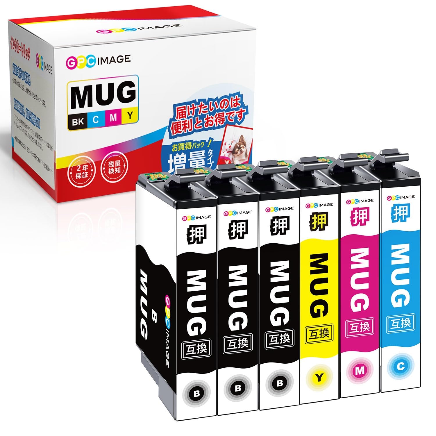 GPC Image MUG-4CL エプソン 用 インク マグカップ 4色パック+ MUG-BK ブラック 2本 (計6本) 増量タイプ エプソン 対応 マグカップ 純正と併用可能 Epson 用 インク マグカップ EW-452A EW-052A 対応の