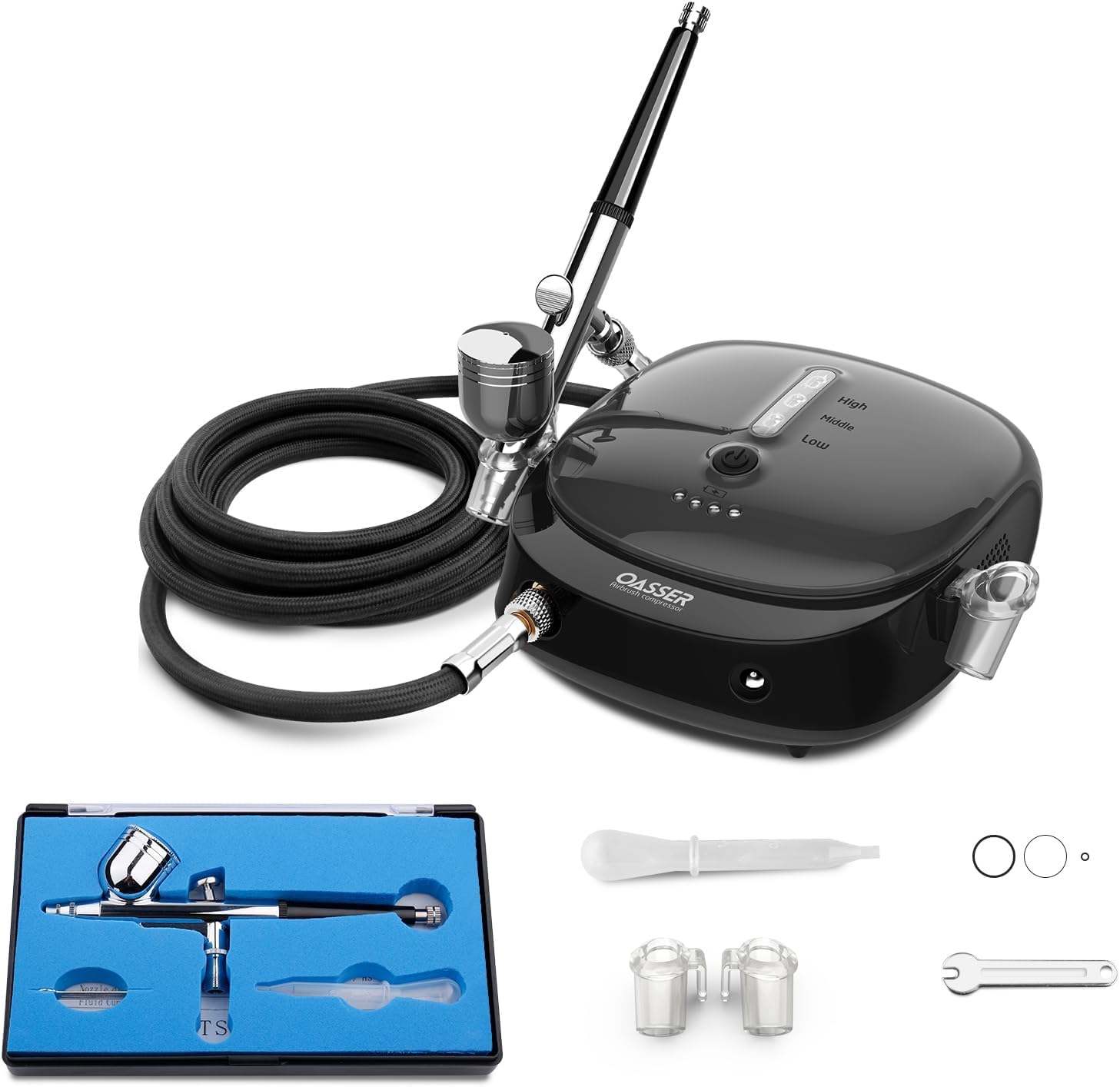 Oasser エアブラシ セット ミニコンプレッサー 充電式 1000mAh電池やAC電源アダプタ兼用 ダブルアクション 重力式 2-15psi三段階圧力調節 プラモデルの塗装 ボディーアート 塗装用具 持ち運びやすい 初心者向け AK1 (ブラック)