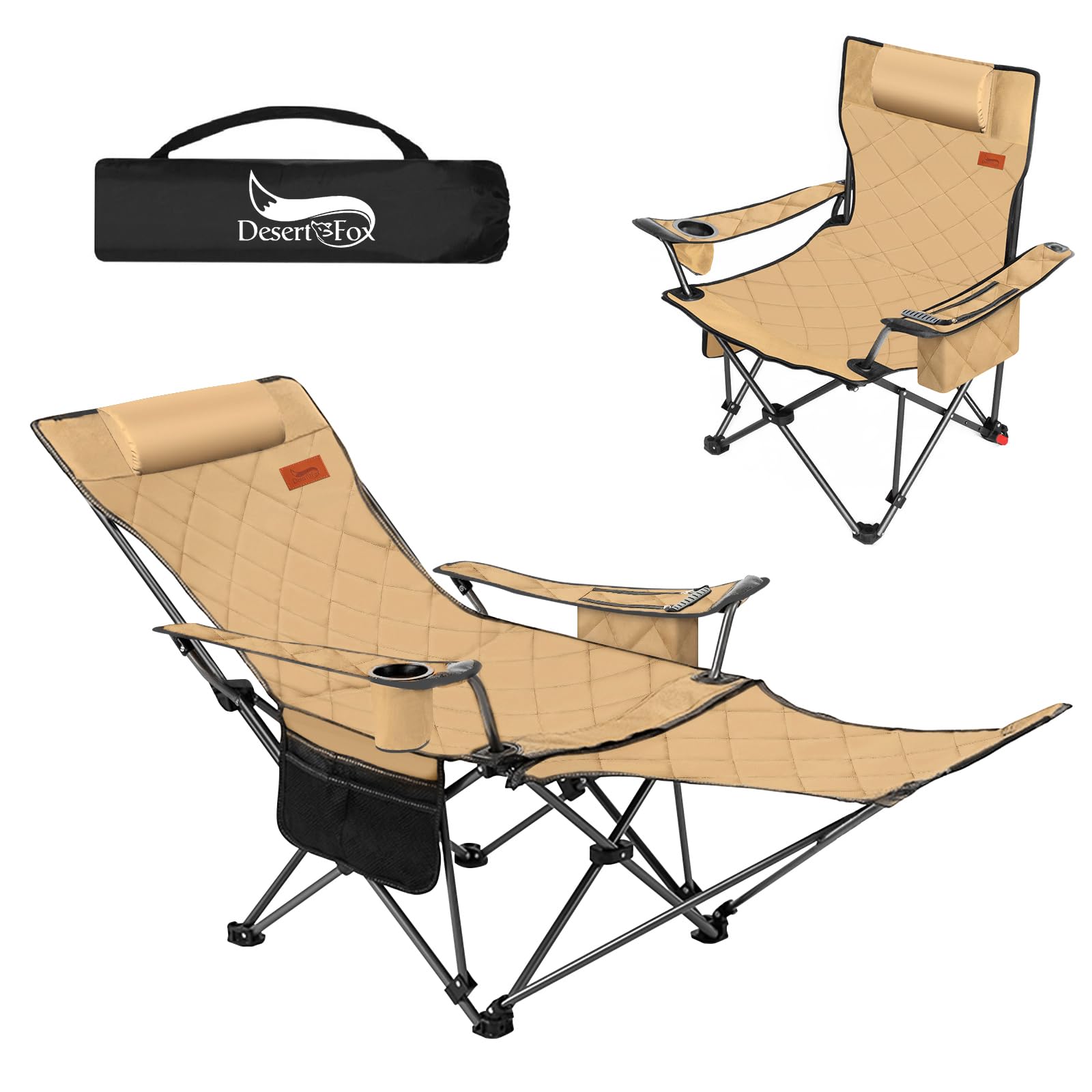 DesertFox リクライニングチェア キャンプ椅子 4way 仮眠 昼寝 4段階調整 四季適用 アウトドアチェア クーラーボックス付き 【耐荷重150kg】コンパクト 折りたたみチェア 軽量 イス 【 独自開発のカップホルダー】携帯便利 ピクニック レ