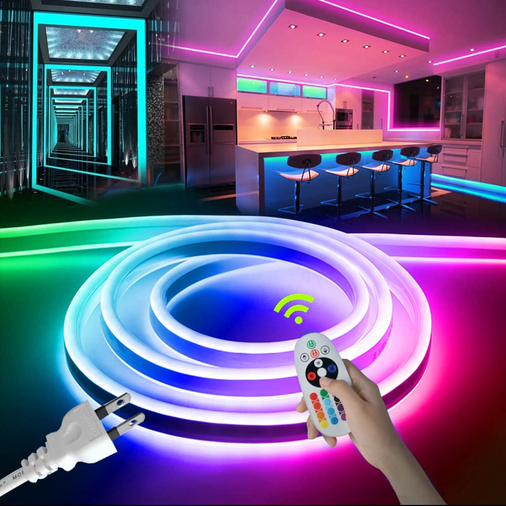 Rakuten - LEDテープライト 5M RGB 100V EL蛍光チューブ管 高輝度 屋外 防水 16色変換 室内 LEDライト ネオンライト 呼吸ランプモードの調整可能な輝度 切断可能 折り曲げ自在 間接照明 配線不要 プラグアンドプレイ