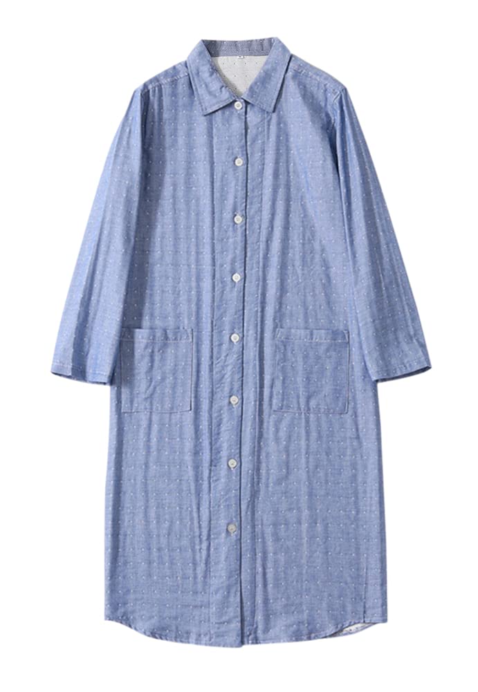 [Euyqs] レディース長袖 前開き ロング丈 ワンピース 綿 ドットラペル ルームウェア パジャマ (XL, ブ..