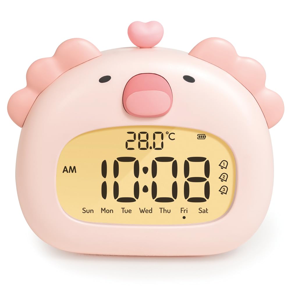 SPuRuiMaK 子供用 目覚まし時計 こどもめざましとけい 動物の形 ナイトライト付き 調光可能 スヌーズ機能付き カウントダウン機能付き 温度表示あり 日本語説明書付 (ピンク)