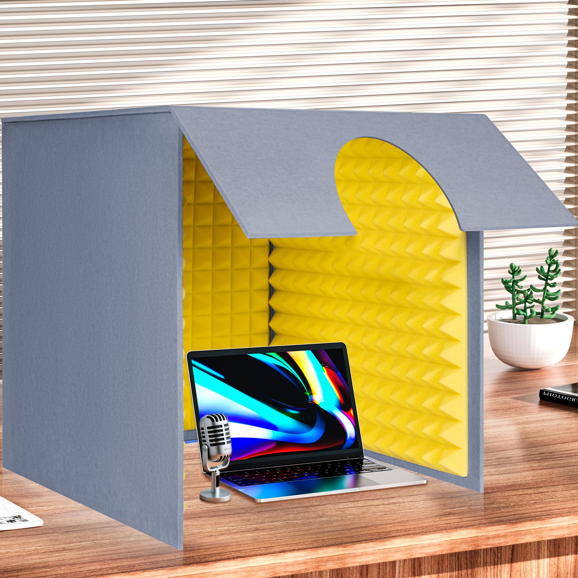 Rxakudedo 簡易防音室 防音シート 騒音を減らす吸音材 吸音研究所 卓上 パネル 外国語の発音練習 仕事 勉強部屋 組み立て式 (銀灰色+黄色 66X70X70CM 半円)