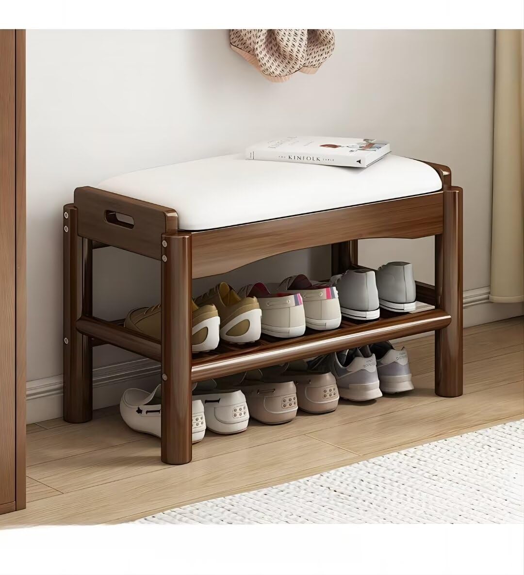 PANCY 玄関ベンチ 木製 無垢材 北欧 幅60cm 天然木 シューズラック 収納ベンチ 玄関椅子 玄関スツール シューズボックス 靴収納 雑貨 家具 (ブラウン、60x30x40cm)