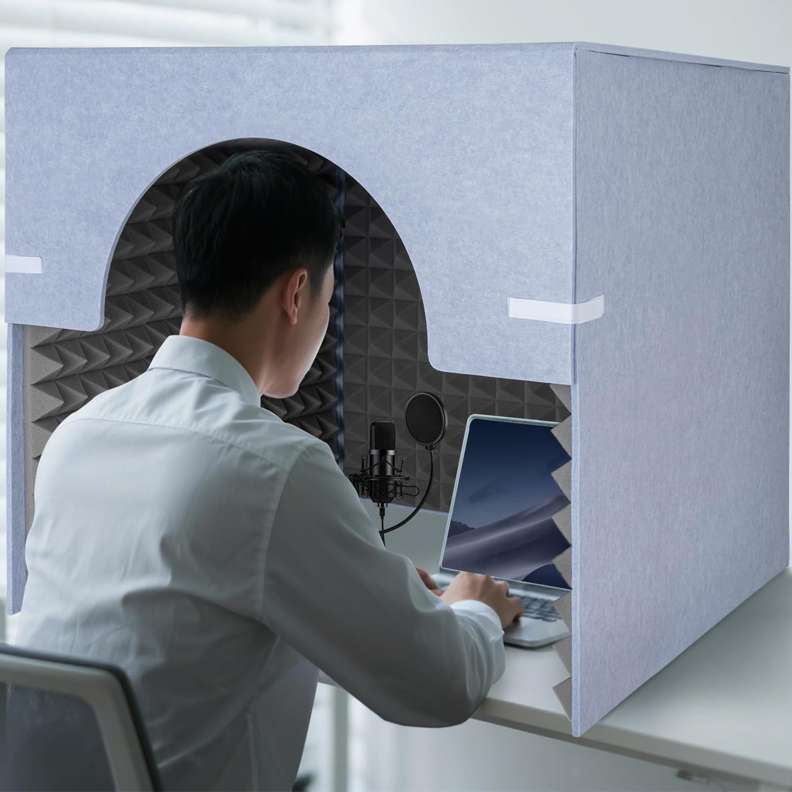 簡易防音室 防音シート 防音 吸音材 シールド 吸音研究所 卓上 パネル 外国語の発音練習 仕事 勉強部屋 防音ボックス パーテーション 組み立て式 (銀灰色+灰色 66X70X70CM 半円)
