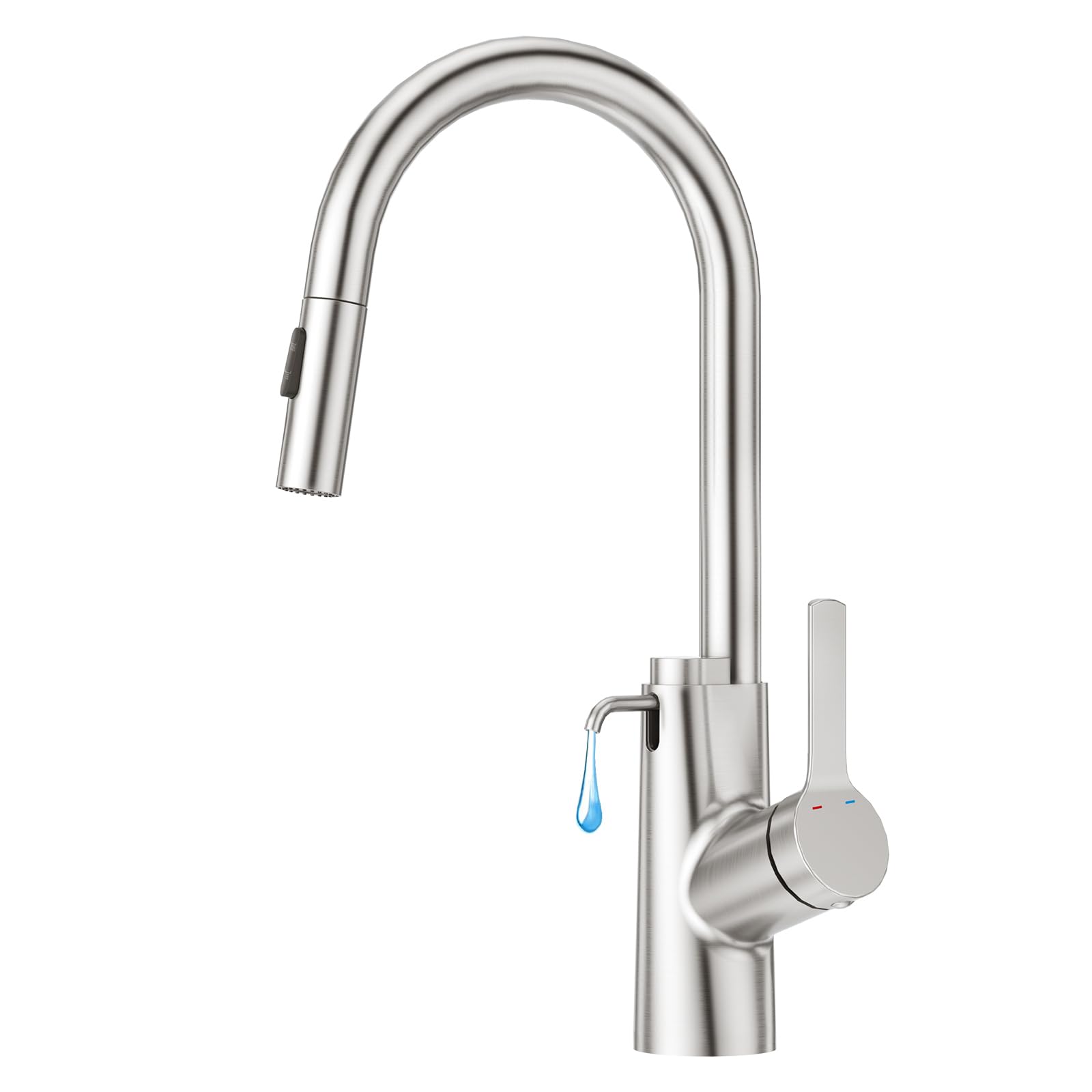 ・洗剤押圧器を内蔵するキッチン蛇口はソープや洗剤の使用がやすくなります。洗剤ボトルを台面の下に隠して、きれいなカウンターをお手に入れます。キッチンの掃除も簡単になります。・2つ水流モード付きの混合水栓：先端の切り替えボタンを押すと、泡沫整流とシャワーを切り替えが可能です。また、シングルレバーを左右に移動で冷熱を自在に調節できます。・キッチン水栓の先端のホースが引き出し可能：pexホースの長さは60cmまで滑らかに引き出せる。シンクの隅々までお掃除することも楽々です。・360度回転可能な本体はお好きな角度に自由に移動可能です。ダブルシックの場合は便利です。ホース引き出し式に組み合わせて使用範囲を大幅に広げることができます。・「5年間の安心保証」迅速なサービスが24時間以内に提供され、何か問題があれば、いつでもご連絡ください。5年間の限定保証期間があるため、安心してショッピングを楽しむことができます。