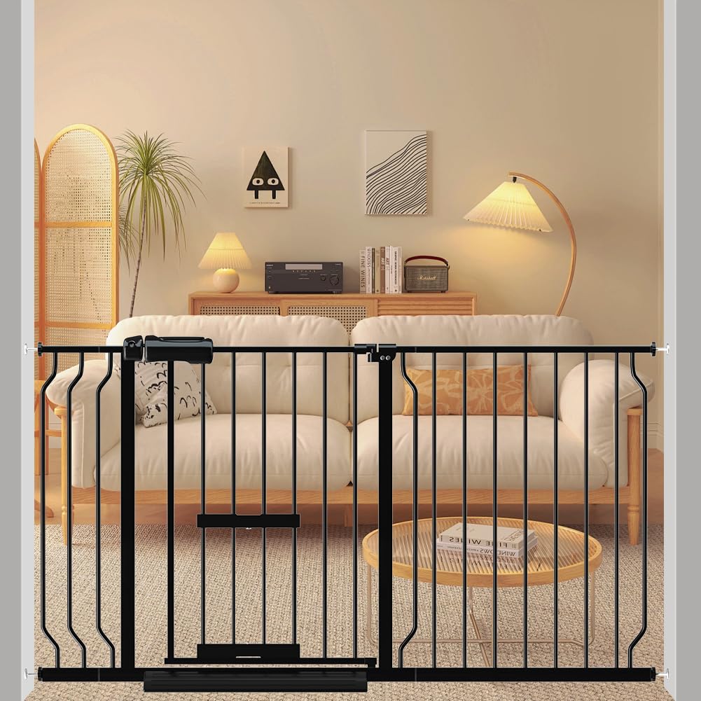 Qonimm ベビーゲート ペットドア付き 取付幅134-146cm ペットゲート オートクローズ機能 階段上 猫ドア..