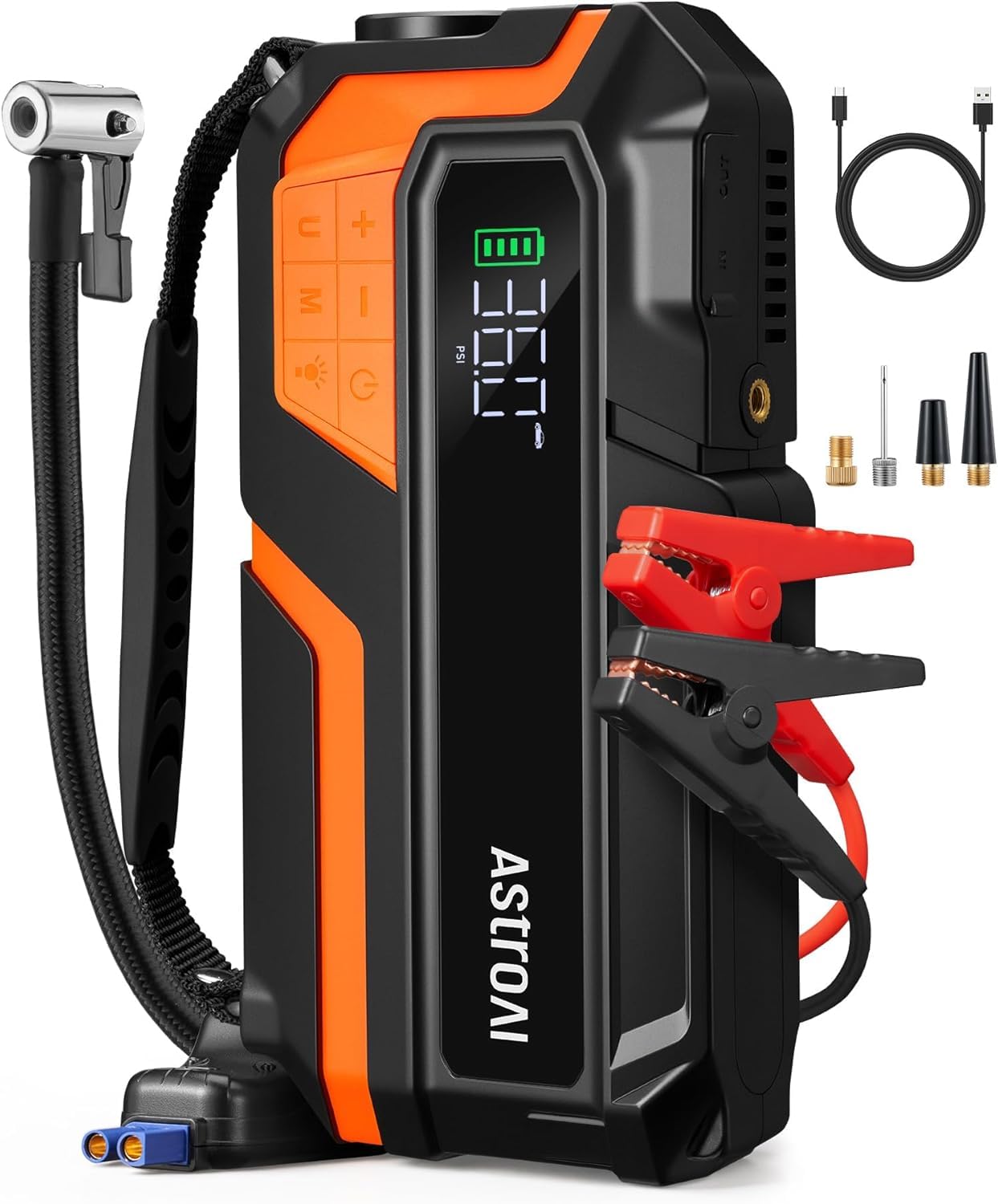 AstroAI M12 ジャンプスターター 1034kPaエアーコンプレッサー付 12000mAh 4000Aピーク電流 車用エンジンスターター（ガソリン全排気量車・最大10.0Lディーゼル車対応） 自動停止機能付タイヤインフレーター 12V 車緊急始動