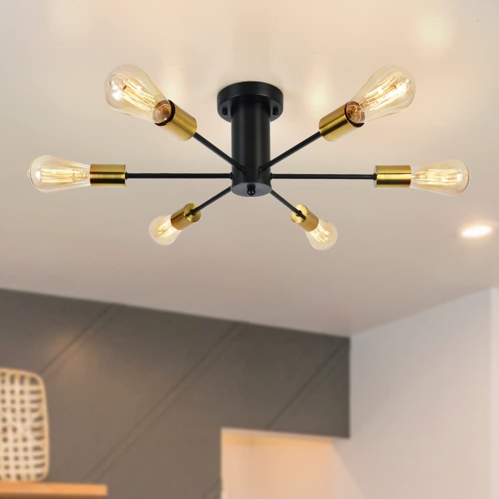 シーリングライト 6灯 6~12畳 シーリングスポットライト E26口金 LED電球対応 簡単取付 モダン おしゃれ リビング 天井照明 北欧 ペンダントライト 360°発光 寝室 居間 食卓 ダイニング (ブラック枠 電球別売)