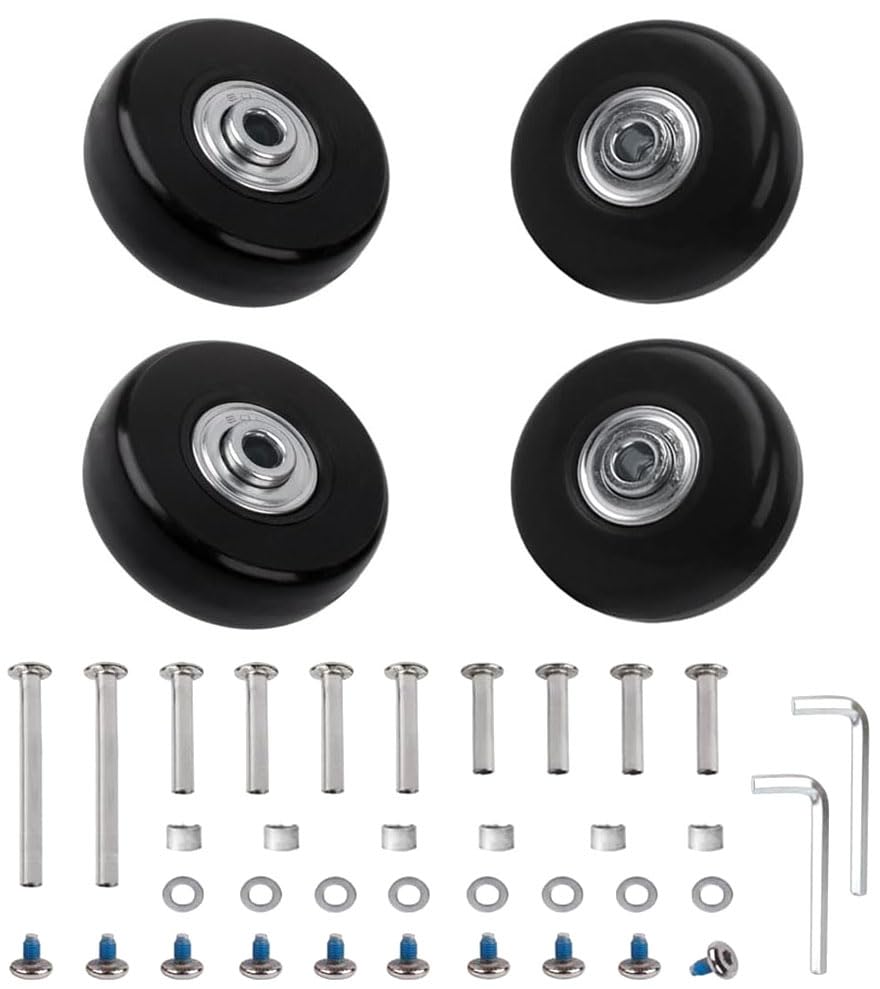 スーツケース キャスター 4個セット 交換キット 直径46mm 黒 ゴム 静音タイヤ 3種軸(30/35/60mm)対応 幅17mm DIY 修理 双輪取り付け ・6mm/・8mm軸溝 キャリーケース ショッピングカート