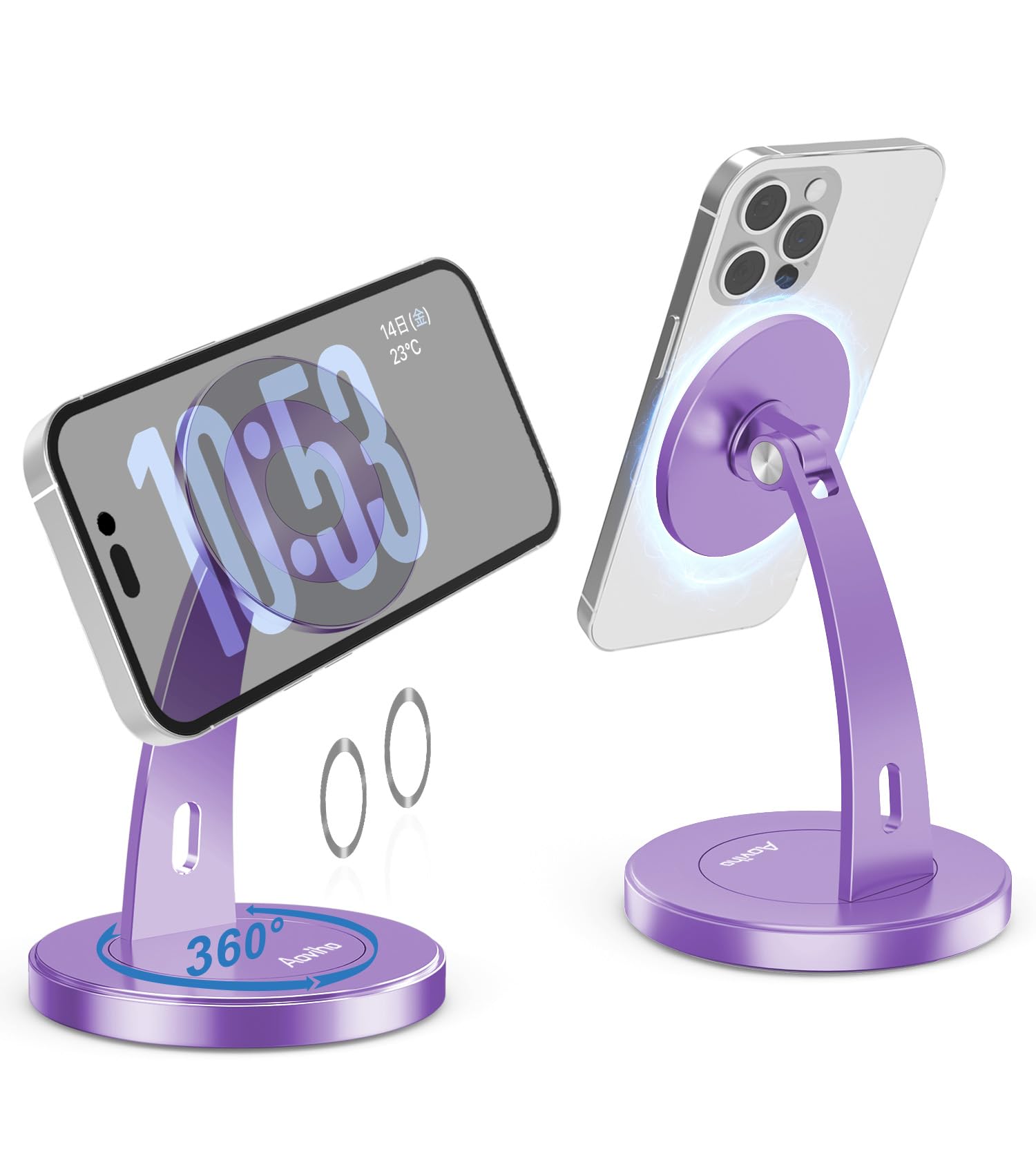 Aoviho(アオビホ)-スマホスタンド-MagSafe対応 360°回転＆180°角度調整-マグネットスタンド 卓上用マグセーフ携帯立て アルミ phone stand スマホ横縦置き台 携帯ホルダー おしゃれ iPhone17 Air 16 15 14