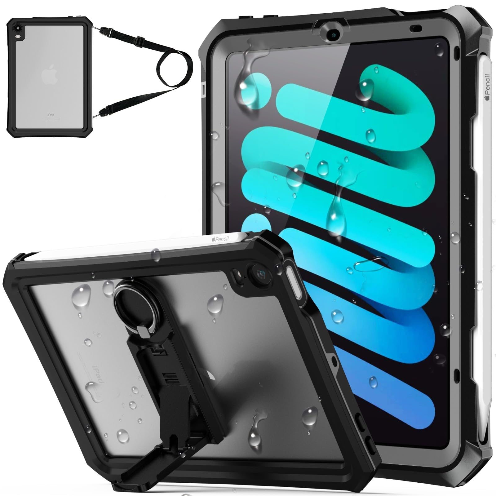 Tmacjump iPad mini7 ケース (A17 Pro 2024モデル、第7世代)、iPad Mini6 ケース(2021モデル、第6世代) 8.3インチ IP68 完全防水 防塵 耐衝撃 ペン収納 保護フィルム付 TouchID認証対応 キック