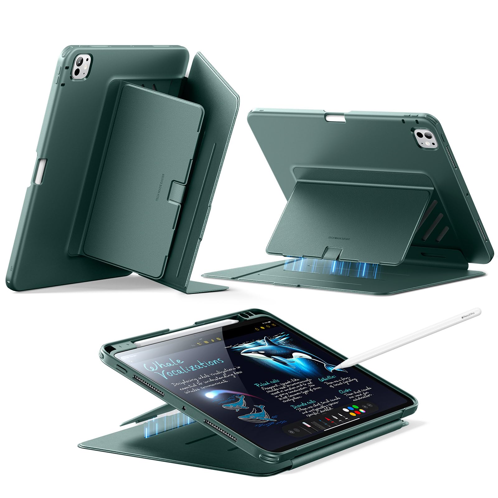 Rakuten - ESR iPad Pro 11インチ ケース（M5/M4、2025/2024）対応 ペン収納 耐衝撃 縦横スタンド 自動ウェイク/スリープ Pencil Pro/USB-C対応 マルチアングルケース Flipシリーズ グリーン