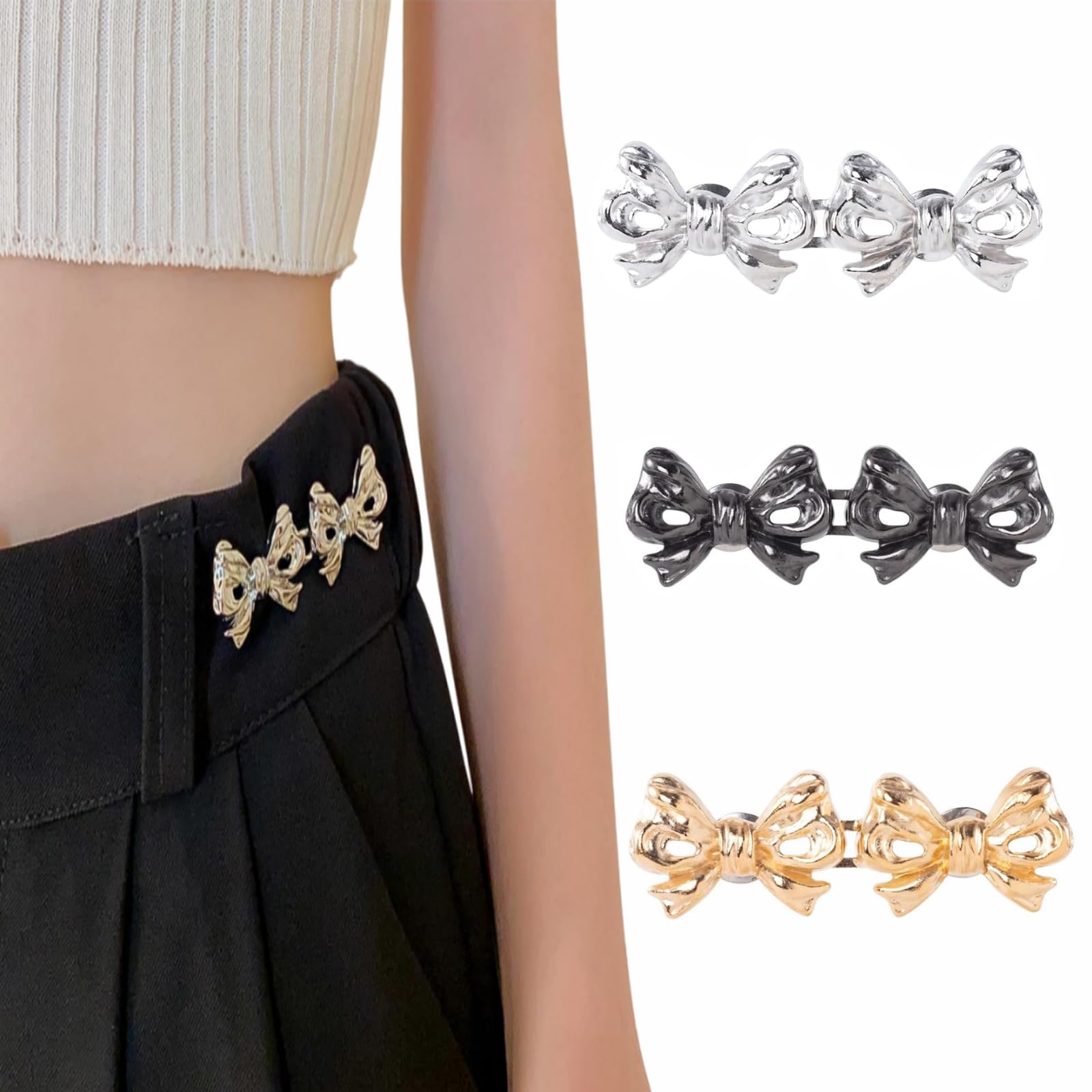 [YFFSFDC] ウエスト調整ボタンリボン 形 3セット ジーンズ 調整 ウエストバックル リベット付き 縫い目ない 調節 縮める ウエストバックルジーンズ/ズボン/スカート/Tシャツ/パーカーなどを調節する取り外し可能ボタン 装飾交換用 (銀＋金＋黒)