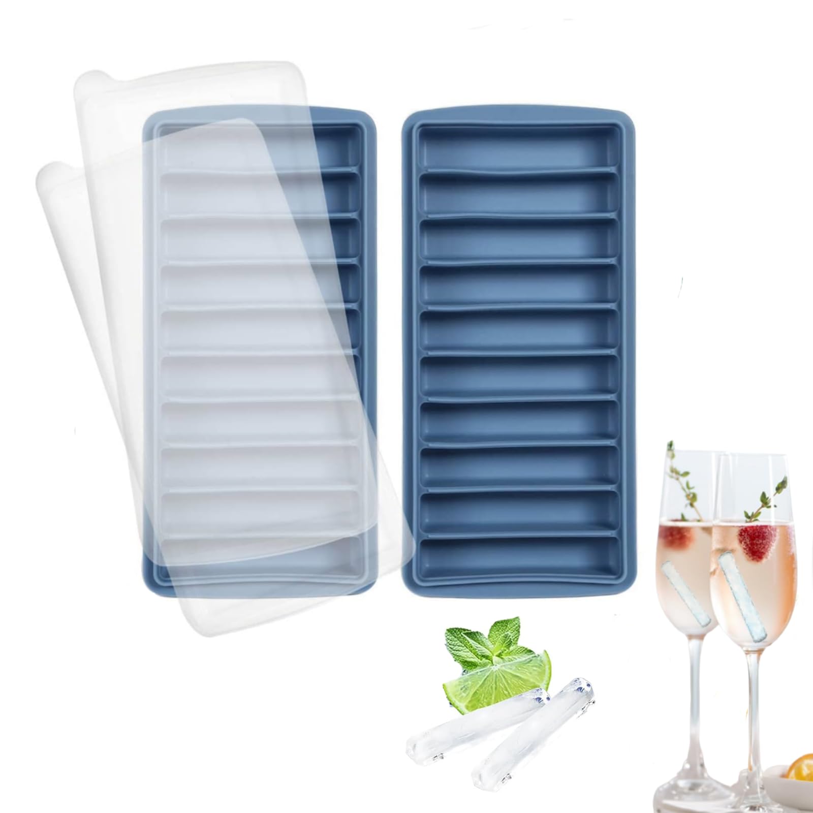 YFFSFDC 製氷皿 スリム アイストレー スタッキング可 シリコン製氷器シリコン製氷機製氷ケースアイスキューブ 氷トレー 小分け ソフト取り出しやすい 蓋付き冷凍保存 耐久性 多用途 DIY (青2個入り)