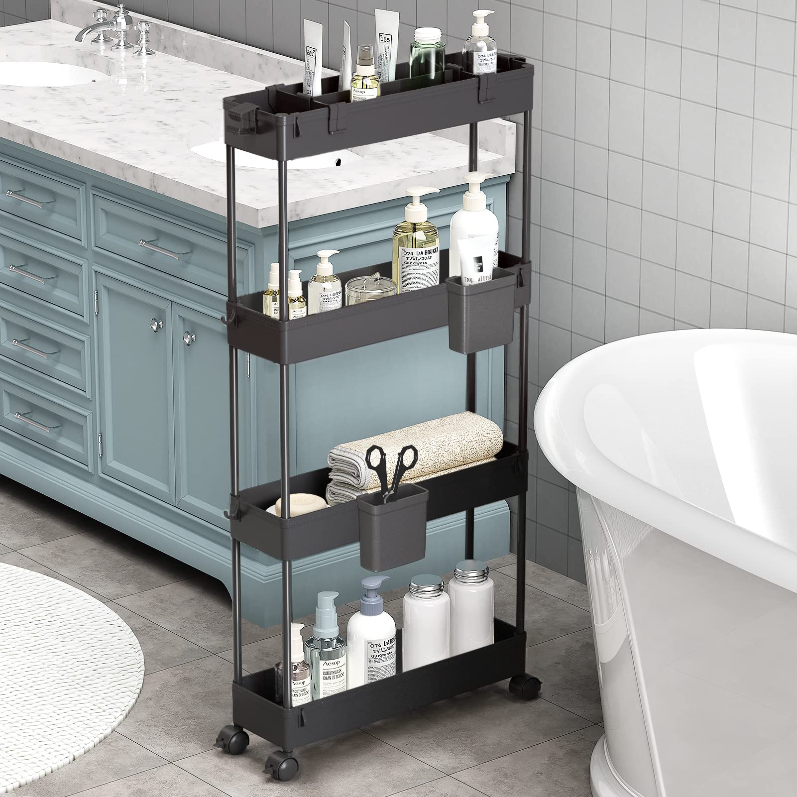 樂天商城 - SPACEKEEPER キッチンワゴン 隙間収納 スリム 13cm 収納カップ 仕切板付き 多機能 小物 食品 調味料 キャスター付き 組立簡単 浴室 台所 冷蔵庫横 4段 ブラック