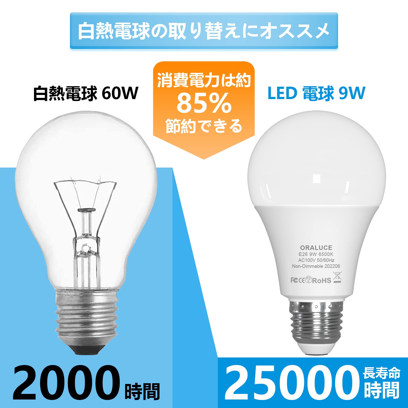 ORALUCE LED電球 E26口金 60W形相当 9W 900lm 6500K 昼光色 高輝度 広配光タイプ ...