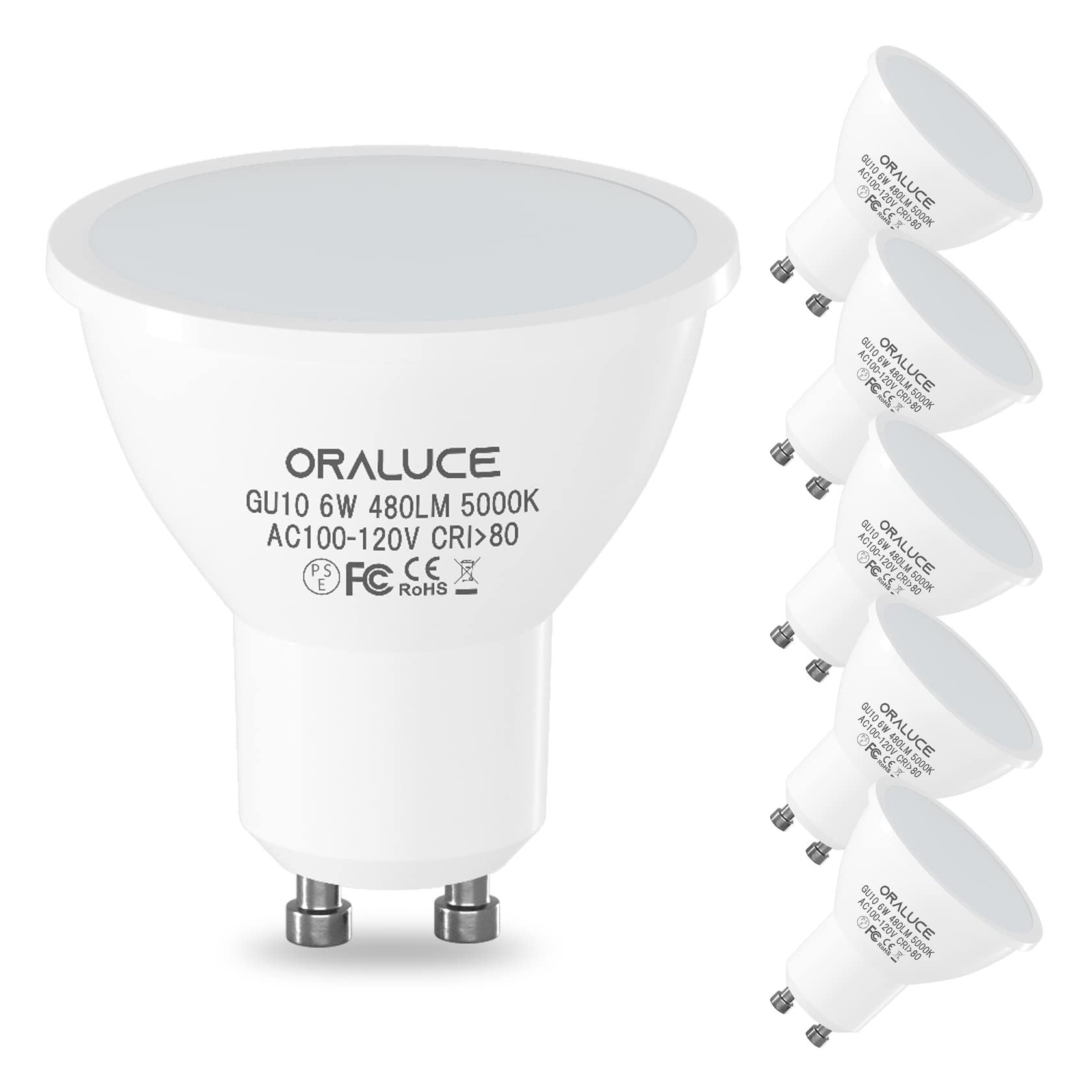 ORALUCE LED電球 GU10口金 スポットライト 50W形相当 6W 480lm 5000K 昼白色 調光不可 省エネ 長寿命 ビーム角度120°広配光タイプ 高演色 天井照明 商業照明 6個セット