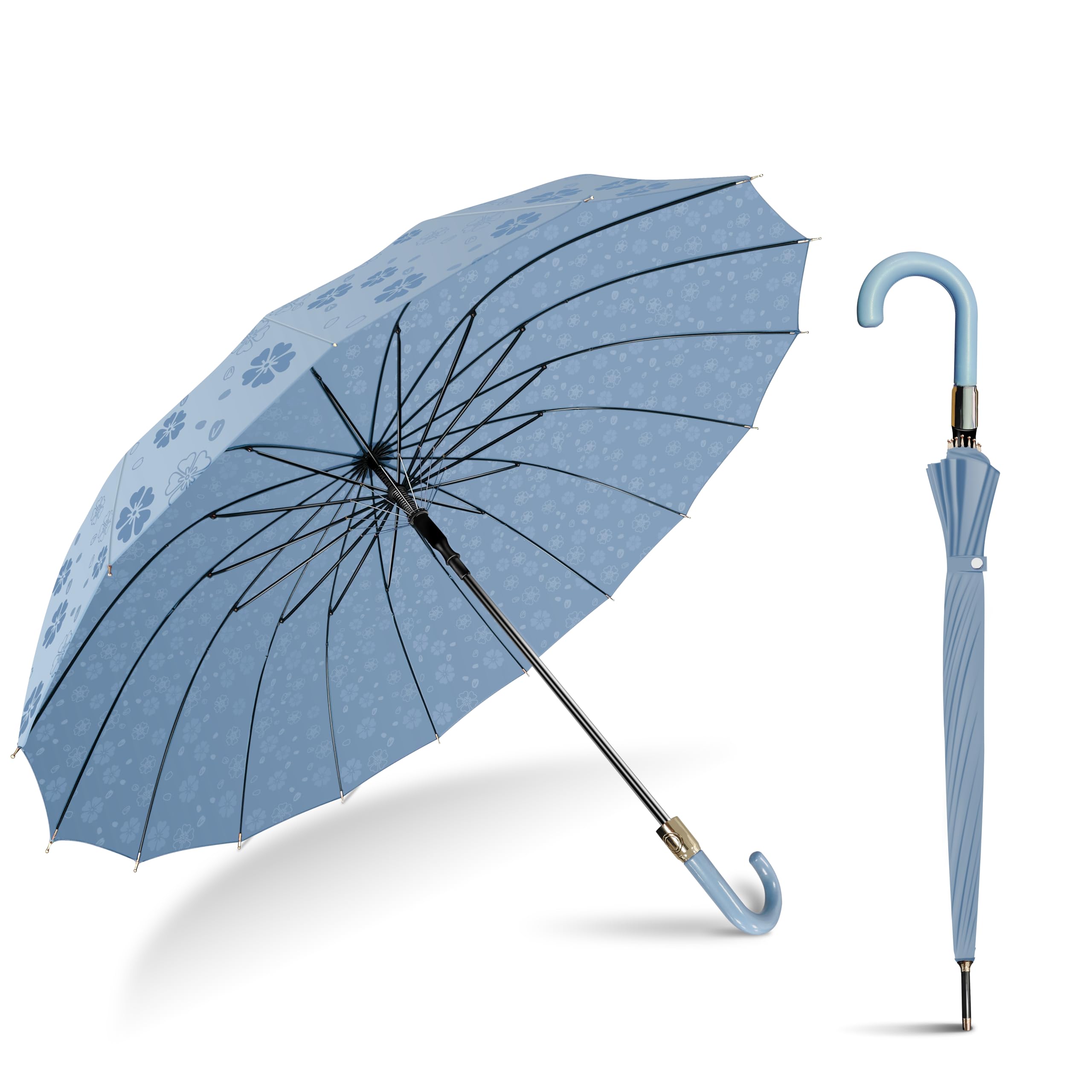 Dlin 傘 レディース 長傘 おしゃれ 大きい 16本骨 軽量 耐風 晴雨兼用傘 和柄 革製手元 婦人傘 ワンタッチ ジャンプ傘 雨に濡れると花が浮き出る u...