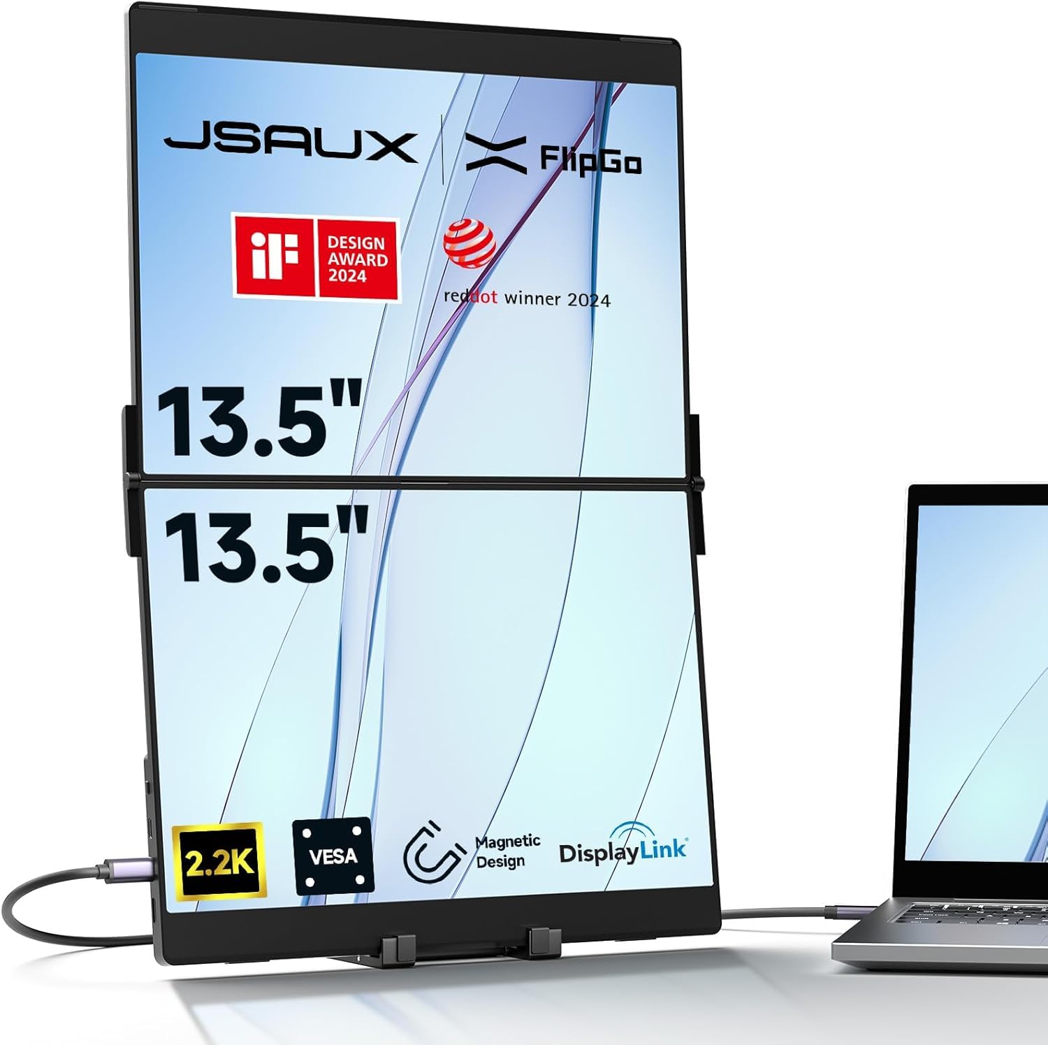 JSAUXの携帯用モニターFlipGoプロ13.5インチ2.2Kのラップトップのための二重モニターは延長装置、MacBookのためのIPS 60Hzの積み重ねの折りたたみの三重Monitor、Mac/Windows/PC/Linux対応 磁気設計及びVES