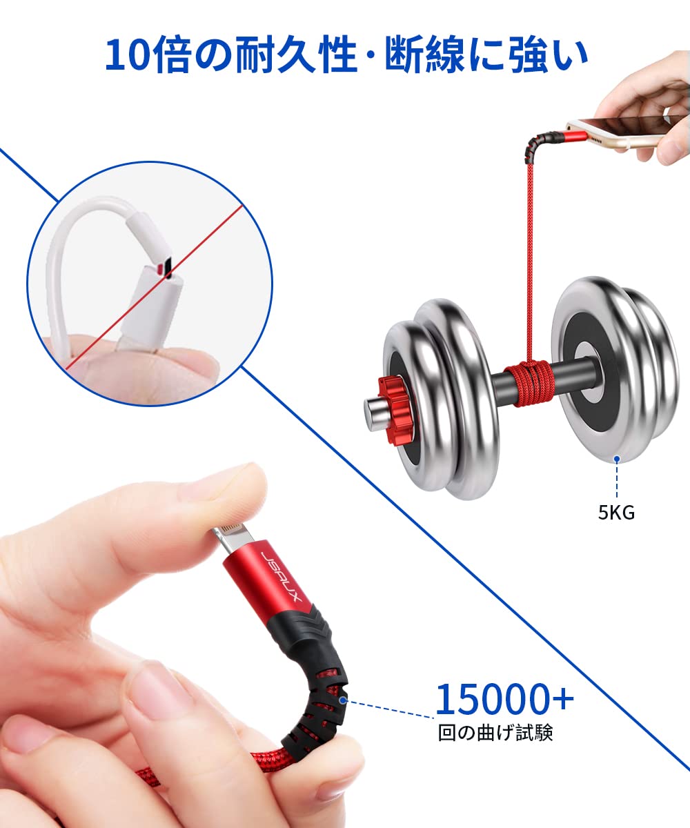 『純正Apple MFi認証』JSAUX iPhone 充電ケーブル「2.4A急速充電・データ転送」ライトニングケーブル 超高耐久 ナイロン編み アイフォン 充電ケーブルiPhone 14 Pro/Max/Mini 13 12 11 XR 8 7 6 Pl