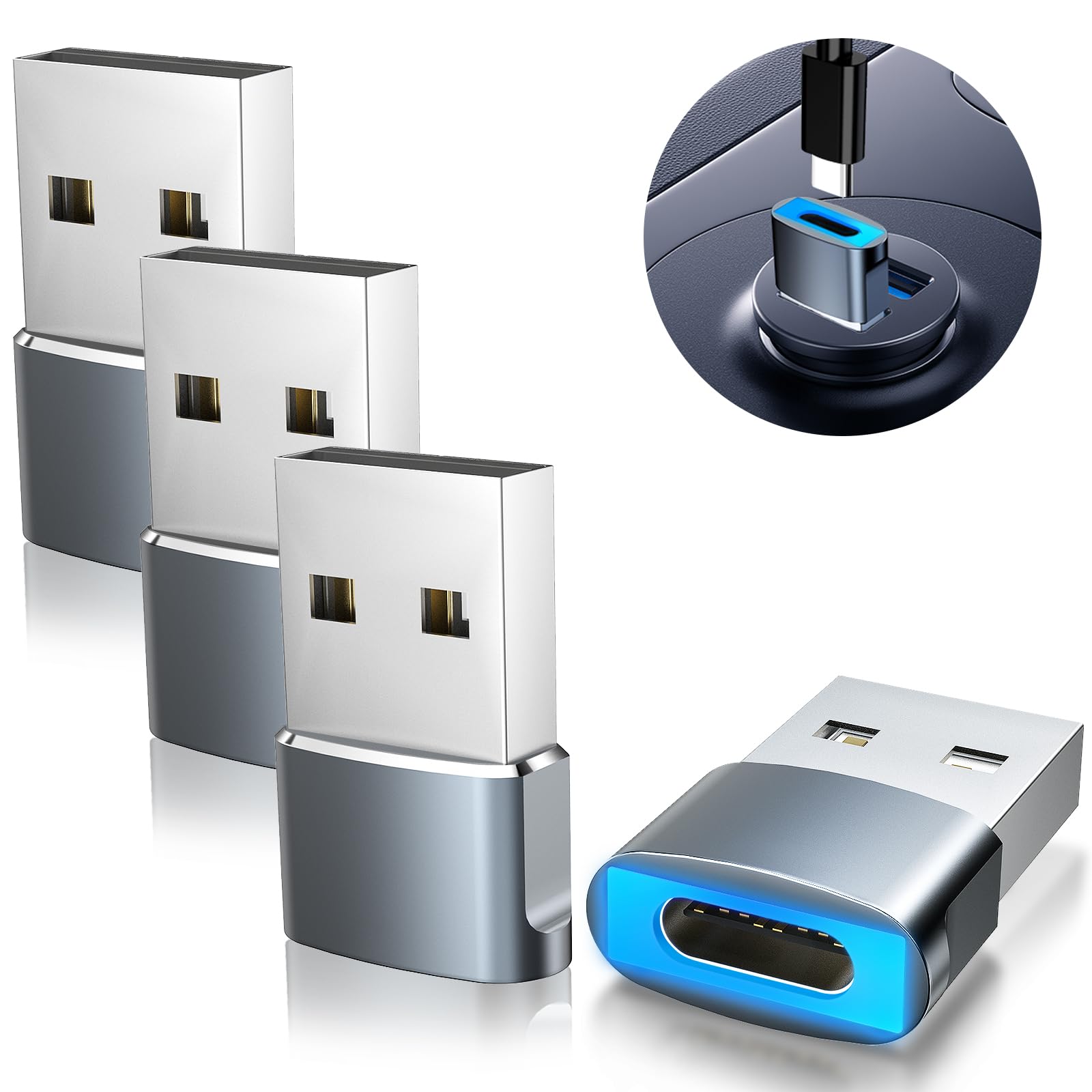 MoKo Type-C 変換アダプタ 4枚セット Type-CからUSB-A変換OTGアダプター カープレーアダプタ USB2.0 PD27W充電 480Mbpsデータ転送 LEDランプ内蔵 Car-Play/AndroidAuto/フラッシュメモリー/ハ
