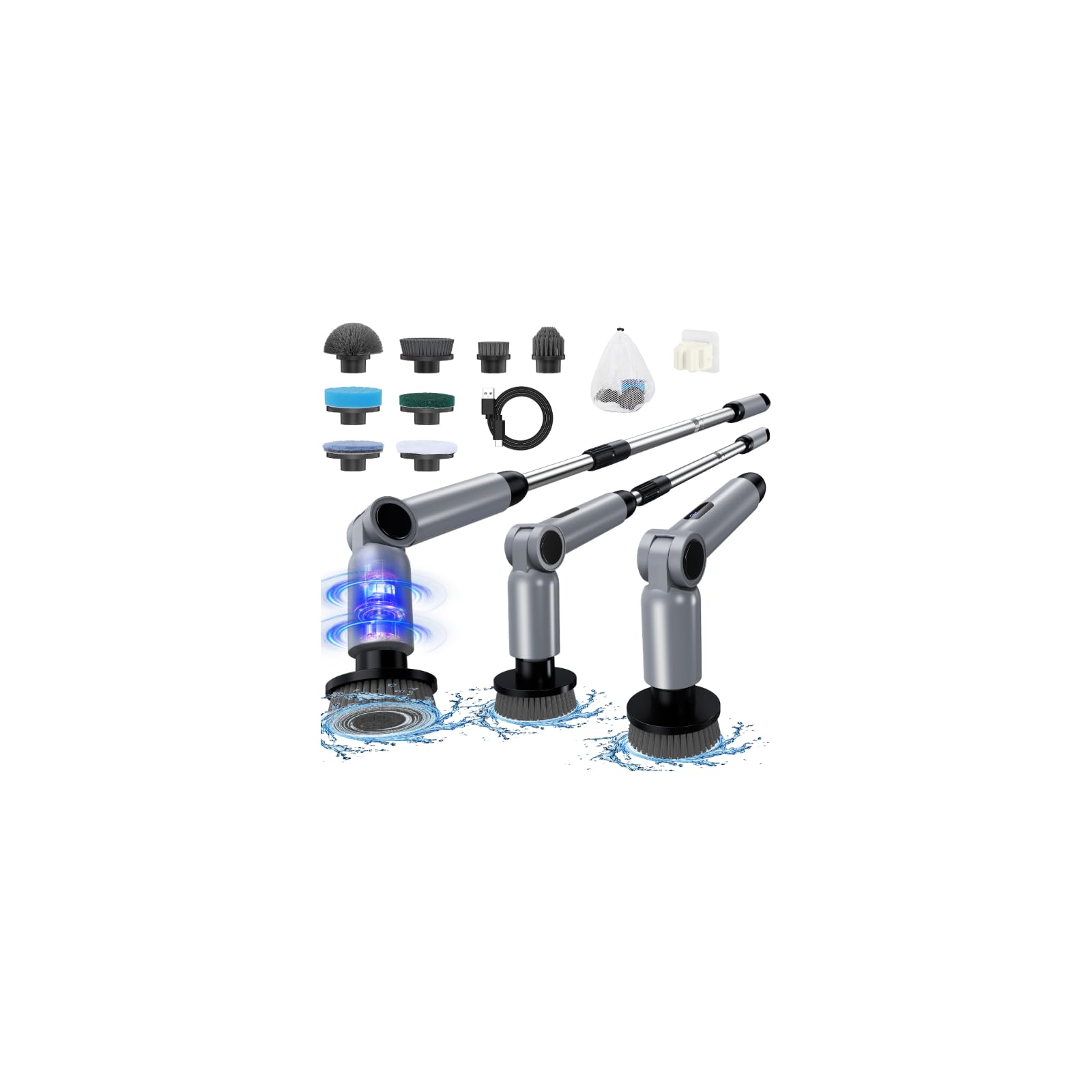 Tipkook バスポリッシャー 【14 in1・充電式・電量表示】電動お掃除ブラシ コードレス型 お風呂掃除ブラシ 5000mAh大容量バッテ IPX7防水 ブラシ角度調節 8つの替えブラシ付き 手持ち式 電動お掃除ブラシ デッキブラシ 窓 壁 玄関 天