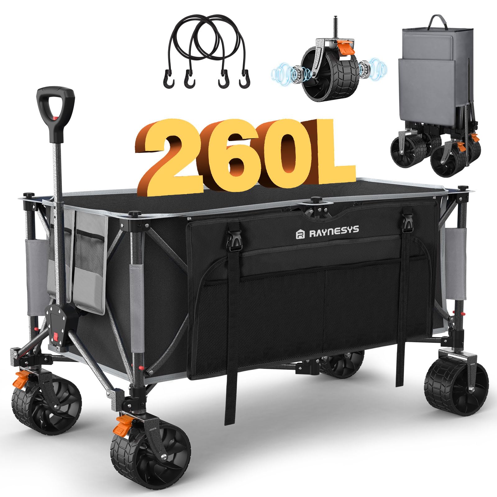 Raynesys キャリーワゴン 大容量260L 耐荷重200kg アウトドアワゴン 折り畳み式キャンプカート ワンタッチ収束式 自立収納 静音 ブレーキ付き 収納カバー付き キャンプ/砂浜/釣り/引越し/買い物/ゴミ出し BlackGray