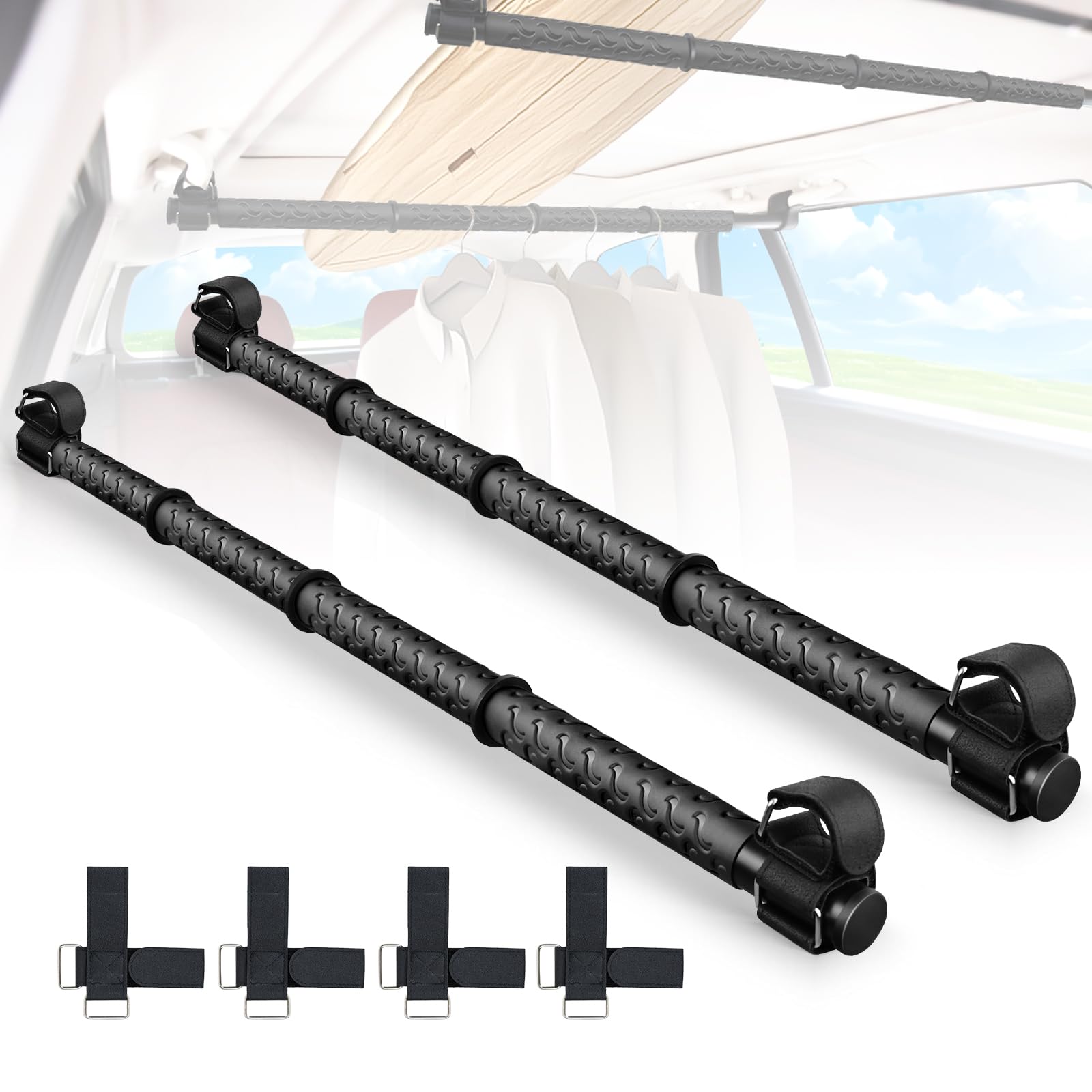 Vevesoas 車用ハンガーバー インテリアバー マルチグリップバー 長さ調整可能 83cm・156cm 滑り止め 工具不要 取付簡単 インテリアバー 車内用 引き込み式 衣類ハンガー 車内 釣り竿（ロッド）/スノーボード/スキー板/サーフボード/天井収