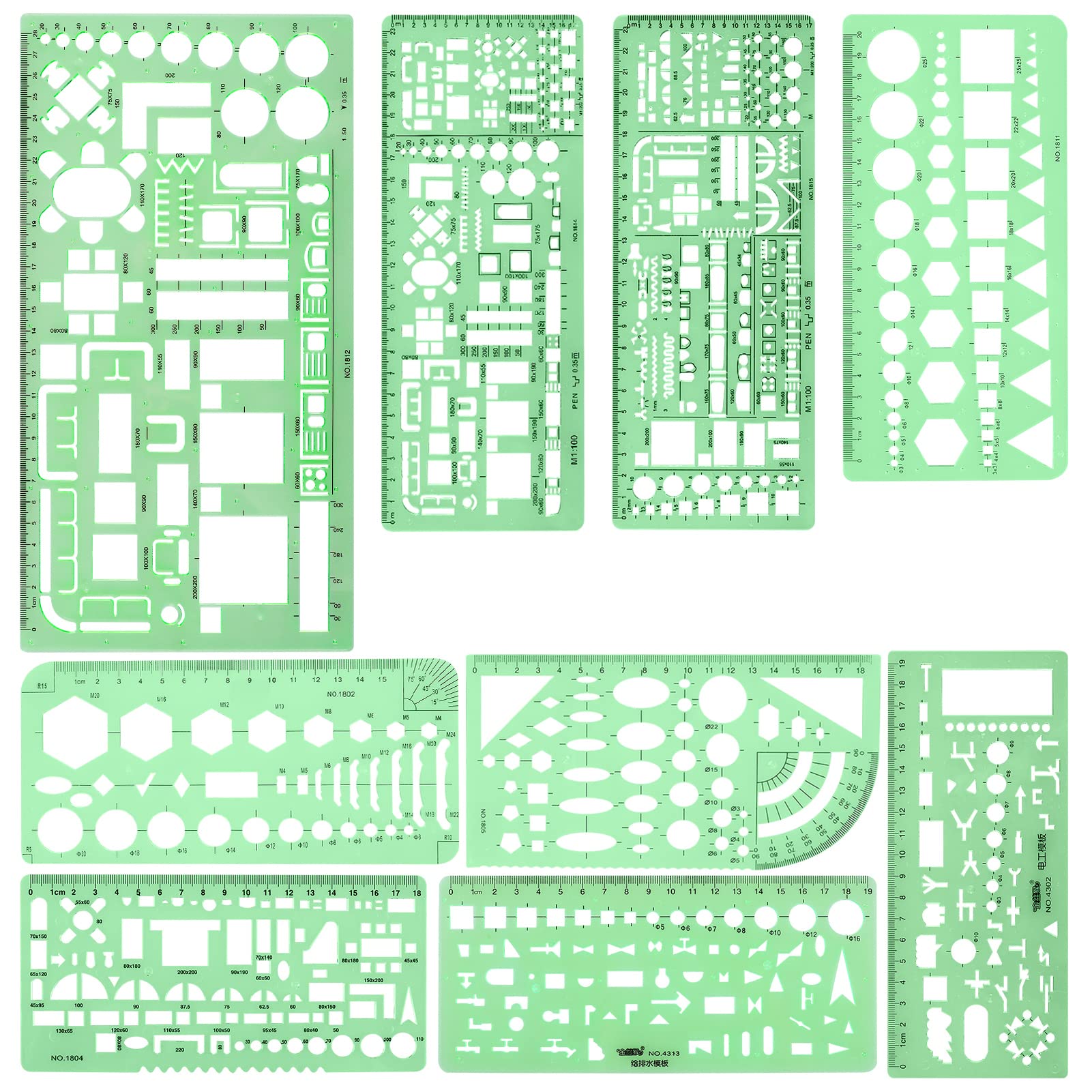 UCEC 定規 テンプレート 建築士 製図定規セット 設計 家具 給排水 配管 機械記号定規 円 楕円 作図 9枚..