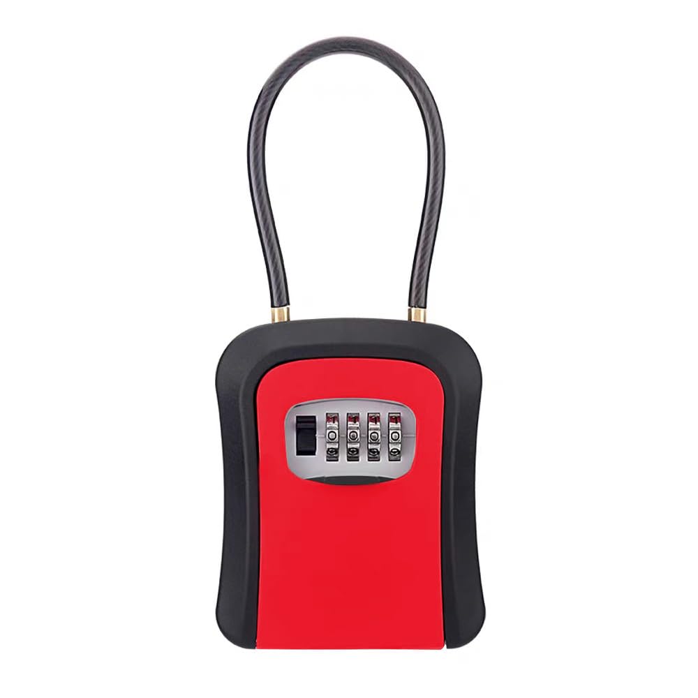キーボックス 鍵共有ボックス 鍵収納ボックス ワイヤー式 壁掛け式 ダイヤル式 4桁暗証番号 キー収納 南京錠 防犯性 鍵共有 玄関 倉庫 工事不要 【文君の店】 (プラスチック製、赤色)