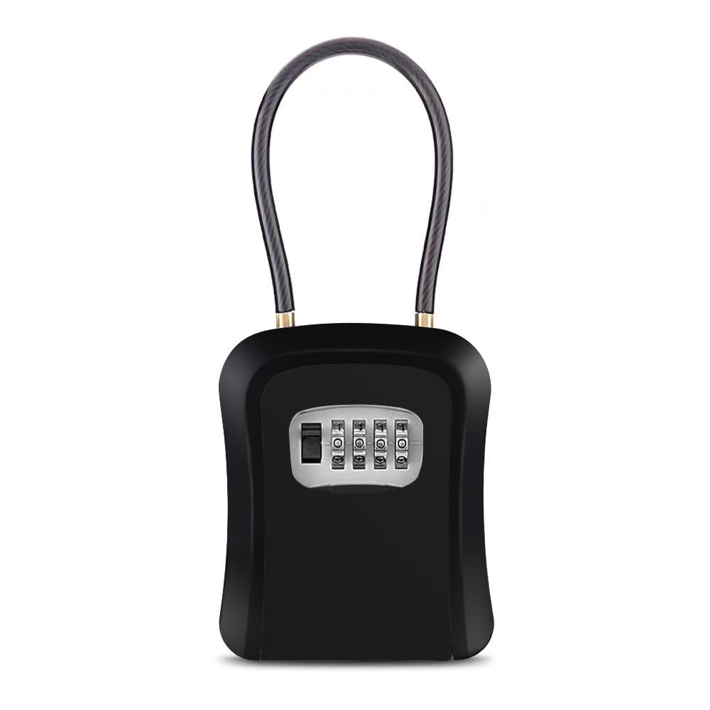 キーボックス 鍵共有ボックス 鍵収納ボックス ワイヤー式 壁掛け式 ダイヤル式 4桁暗証番号 キー収納 南京錠 防犯性 鍵共有 玄関 倉庫 工事不要 【文君の店】 (合金製、黒色)