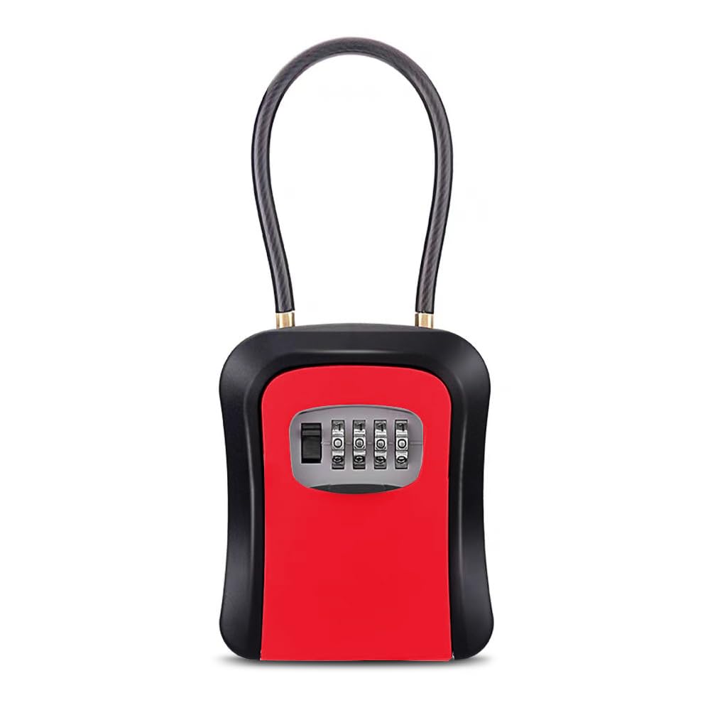 キーボックス 鍵共有ボックス 鍵収納ボックス ワイヤー式 壁掛け式 ダイヤル式 4桁暗証番号 キー収納 南京錠 防犯性 鍵共有 玄関 倉庫 工事不要 【文君の店】 (合金製、赤色)