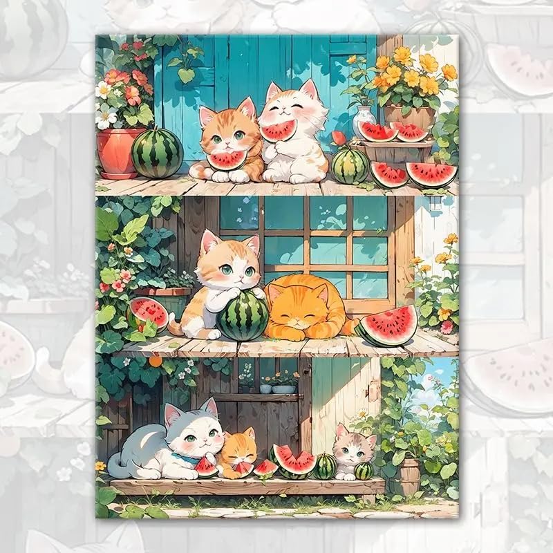 LEADINTOP ダイヤモンドアート 四角いビーズ 40x50cm スクエアビーズ モザイクアート 初心者向け 子供 DIY 大人 手芸 かわいい アート装飾 プレゼント用 (子猫がスイカを食べる)