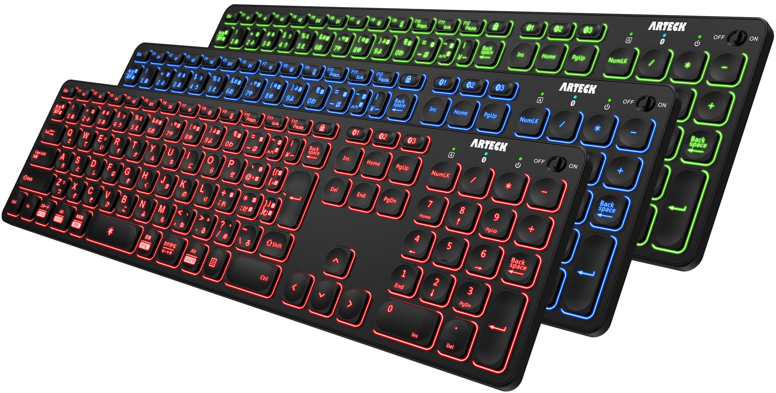 楽天VanVenusArteck 7色バックライト搭載 輝度調整可能 複数デバイス 無線 Bluetooth フルサイズ キーボード Windows、iOS、iPad OS、Android、コンピューター、デスクトップ、ラップトップ、Surface、タブレット、スマホとの交換