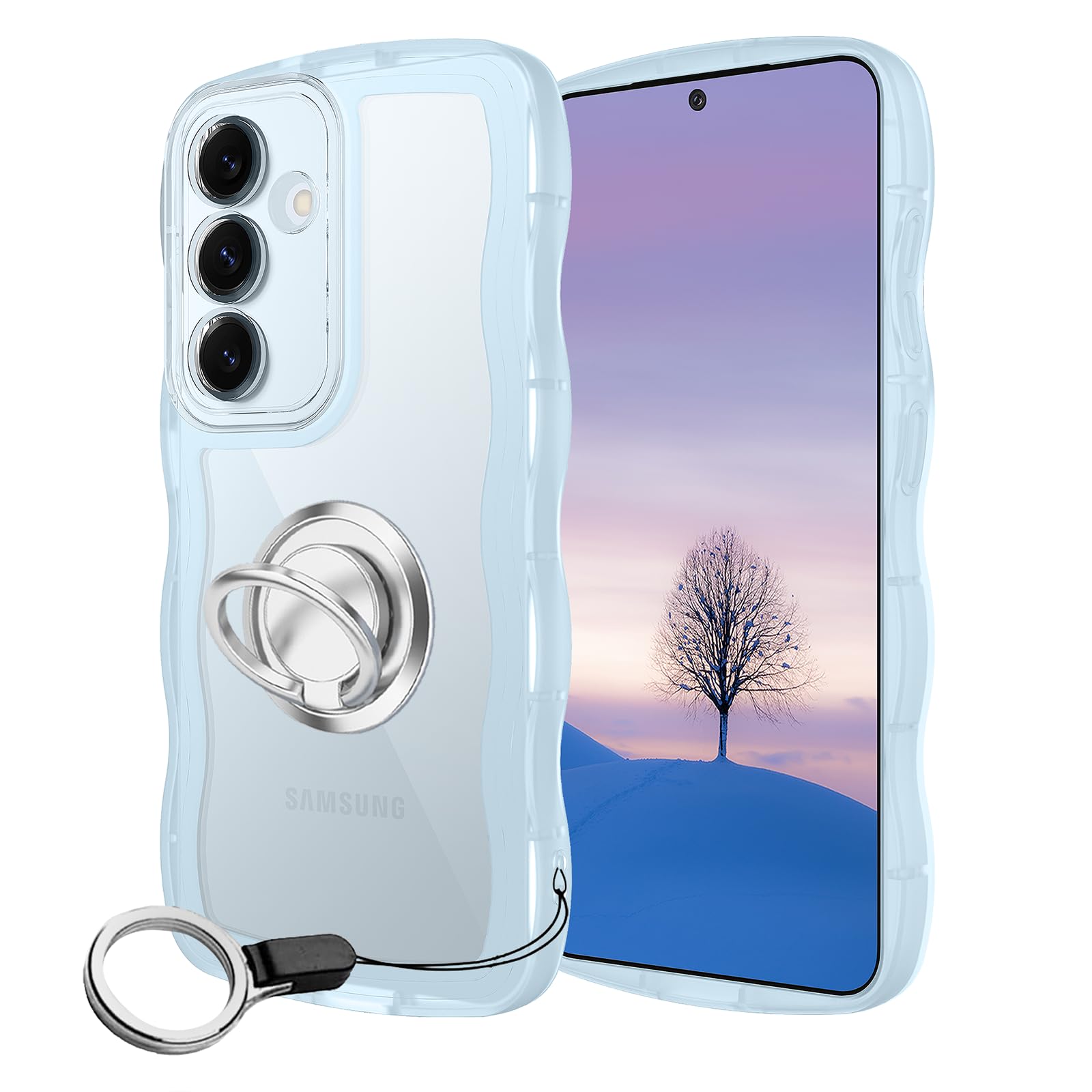 樂天商城 - Galaxy S25 ケース ブルー ウェーブ リング付き TPU波状のバンパー 透明 スマホケース かわいい うねうね ギャラクシー S25 ウェーブ デザイン 可愛い 韓国 女性用 薄型 人気 おしゃれ 耐衝撃 ストラップホール付き(ブルー)